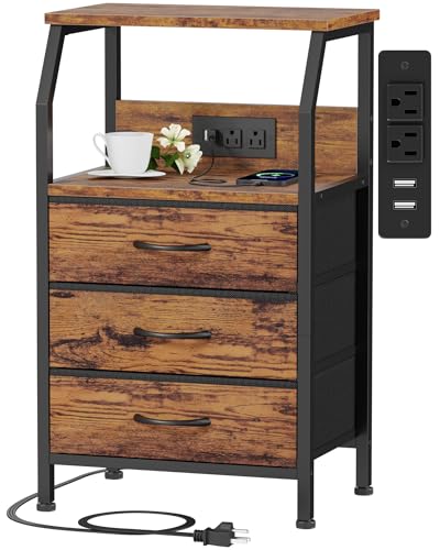 Furnulem Rustic Brown Nightstand Charging Station