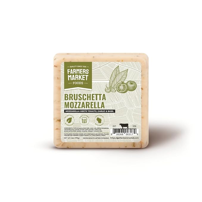 Farmers Market Foods Bruschetta Mozzarella Cheese Block – Wisconsin Mozzarella Cheese with Tomato, Basil & Garlic, Gluten Free, Keto Friendly, Zero Sugar, Low Sodium Snack Cheese, 6oz 3 pack