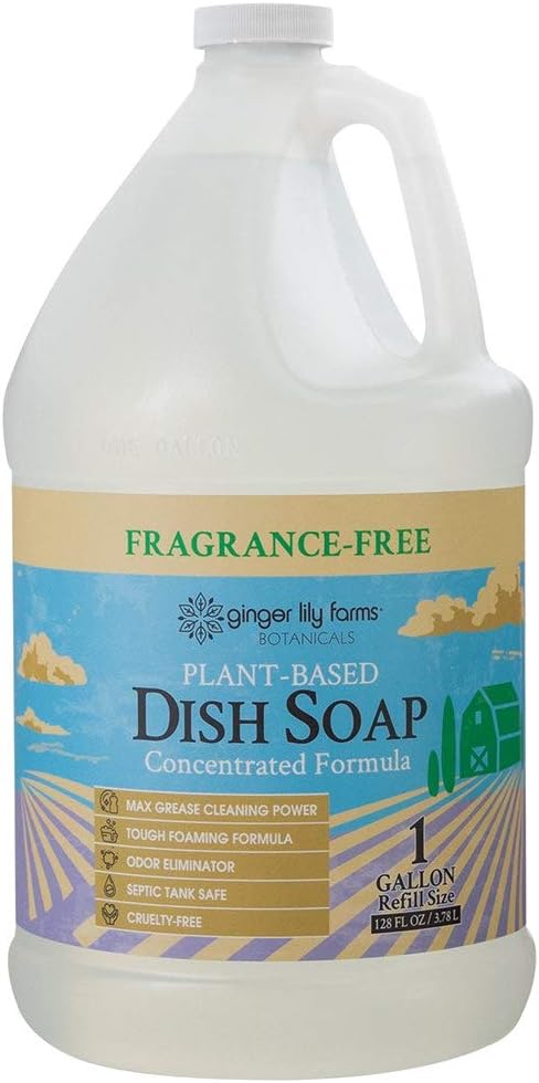 Ginger Lily Farms Botanicals Plant-Based Liquid Dish Soap, Concentrated Formula with Maximum Grease Cutting Power, Cruelty-Free, Fragrance-Free, 1 Gallon (128 oz) Refill