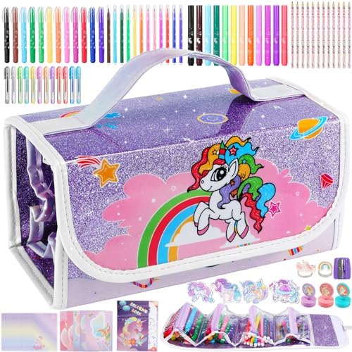 Nicpro 115PCS Unicorn Washable Markers Set with Glitter Pencil Case, Art Supplies for Kids Ages 4-6-8, Arts Crafts Coloring Set with Stickers, Unicorn Birthday Gifts for Girls 4 5 6 7 8 9 Year Old