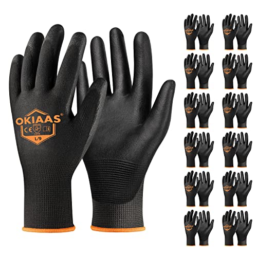 OKIAAS Lightweight Work Gloves Grip Black Large 12-Pack