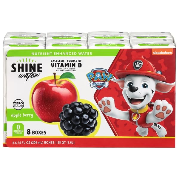 Shine Water Apple Berry Kids Drink Box- Pack of 8 (6.75 Fl Oz Each) - Naturally Flavored Water with Vitamin D, Zero Sugar, Low Calorie, Non-Carbonated.