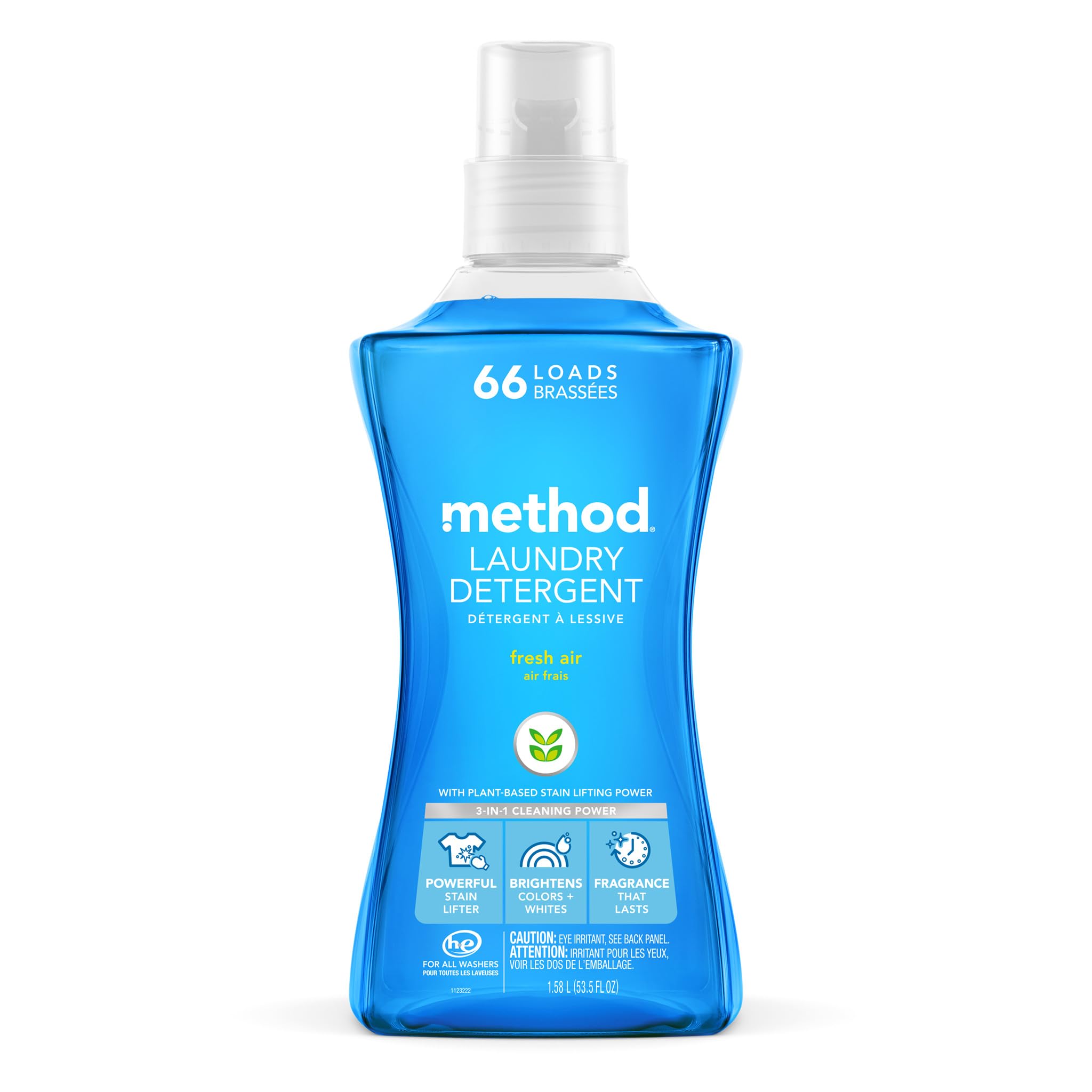 method Liquid Laundry Detergent, Fresh Air, 53.5 fl oz | Powerful Stain Lifter, Brightens Colors and Whites, Long Lasting Fragrance, 66 Loads per Bottle