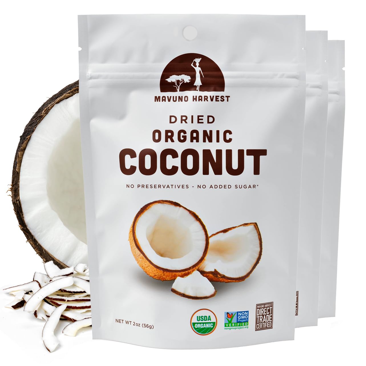 Mavuno Harvest Unsweetened Organic Coconut Chips 2oz 3-Pack