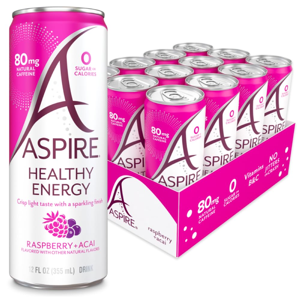 ASPIREÃ‚Â® Raspberry Acai, Healthy Energy Drink 80mg Natural Caffeine, Zero Sugar No Carbs Keto Friendly, 12 Pack Green Tea Sugar Free Drink Low Caffeine Zero Calorie