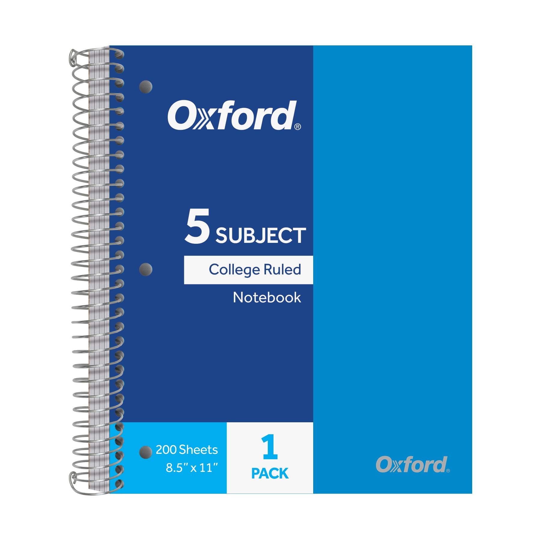 Oxford 5-Subject College Ruled Spiral Notebook Bright Blue