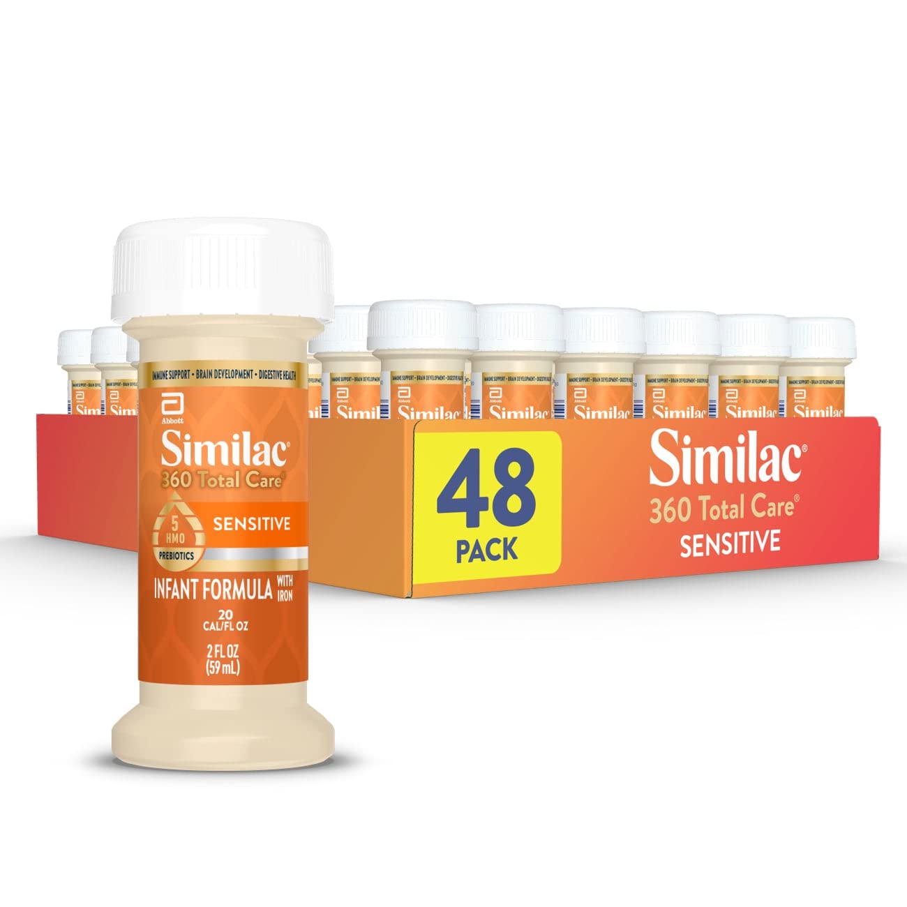 Similac 360 Total Care Sensitive Infant Formula for Fussiness & Gas Due to Lactose Sensitivity, Has 5 HMO Prebiotics, Baby Formula, Ready to Feed, 2-fl-oz Bottle, Pack of 48