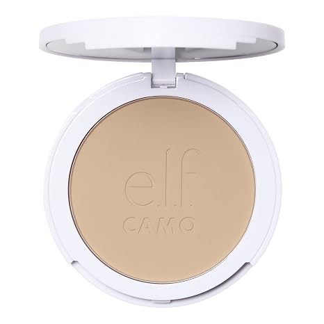 e.l.f. Light 280W Camo Powder Foundation Buildable to Full Coverage, Semi-Matte Finish Comes with Applicator Sponge & Mirror 0.28oz