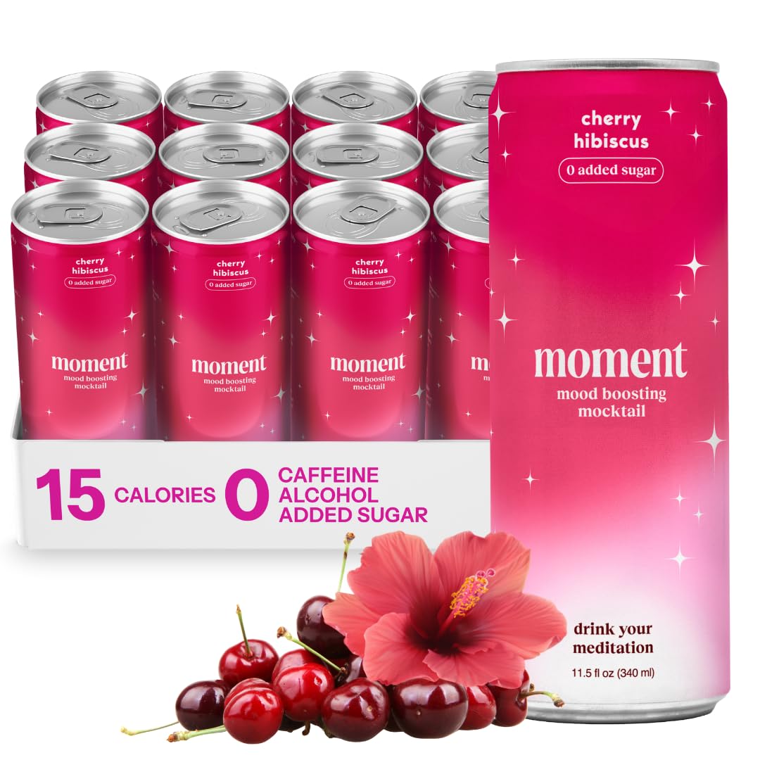 Moment Mocktails Non Alcoholic Drinks (Shark Tank) | Sparkling Cherry Hibiscus Adaptogen Drink | L-Theanine & Ashwagandha for Calm & Clarity | 0 Added Sugar 0 Caffeine | 12-pack