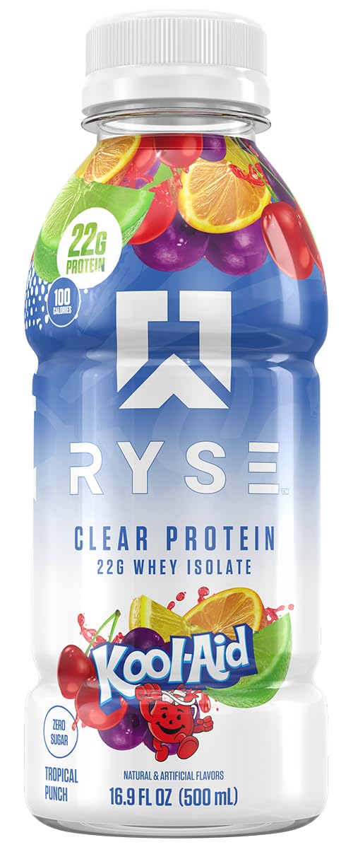 RYSE Clear Protein Shake - Kool-Aid Tropical Punch - 100 Calories, 22g Whey Isolate Protein, Sugar-Free, 0g Fat & Lactose-Free - Refreshing Ready-to-Drink Beverage - 16.9 fl oz Bottle