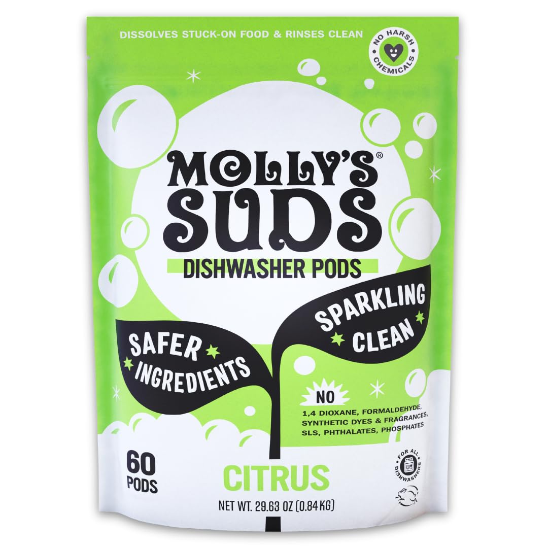 Molly's Suds Dishwasher Pods | Clean Dishwasher Detergent, Cuts Grease & Rinses Clean (Residue-Free) for Sparkling Dishes | 60 Auto-Release Tabs (Citrus)