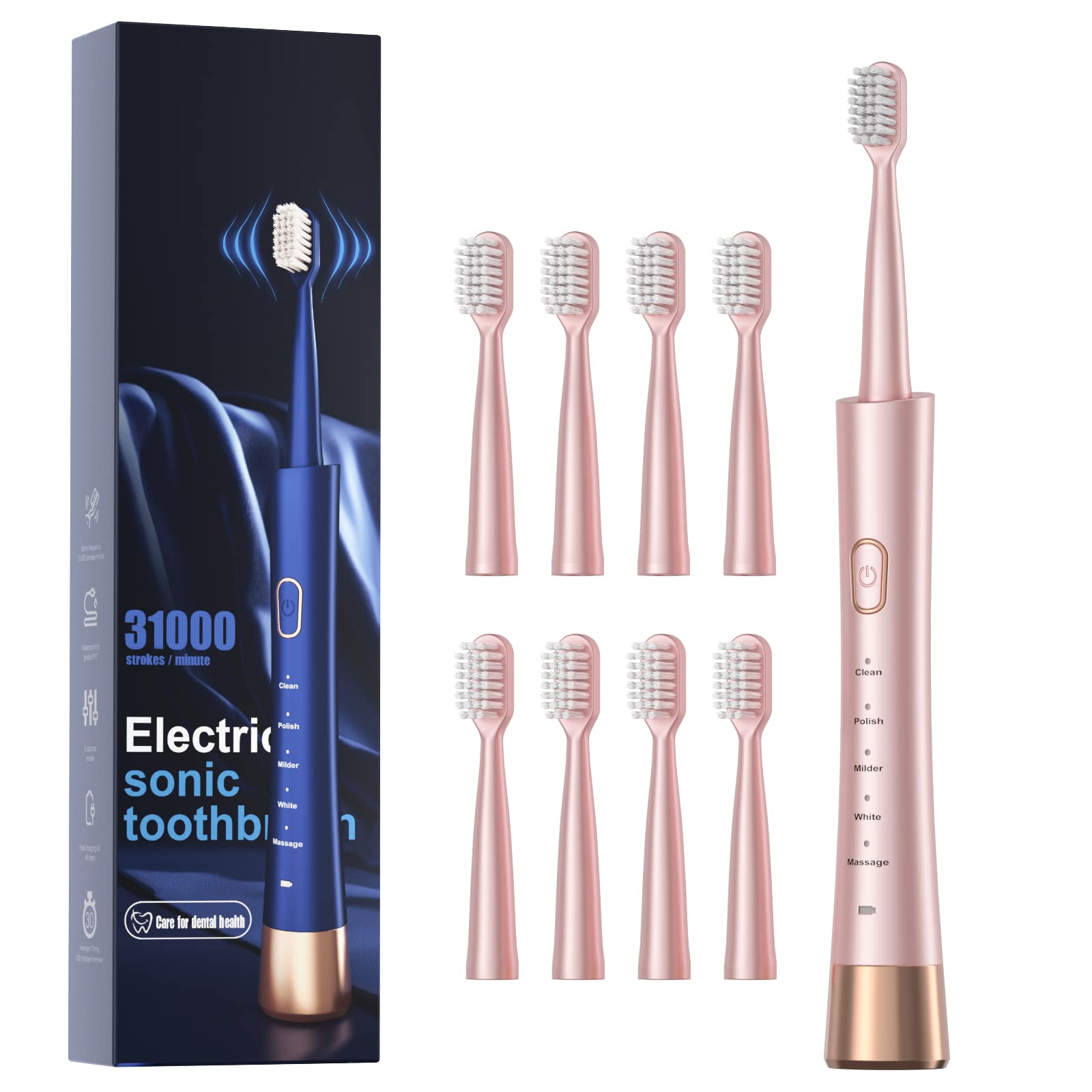 AJELU Sonic Electric Toothbrush for Adults, USB Rechargeable Sonic Toothbrush with 8 Brush Heads, Smart Timer, 5 Modes, 2-Hour Fast Charge Last 30 Days, Pink