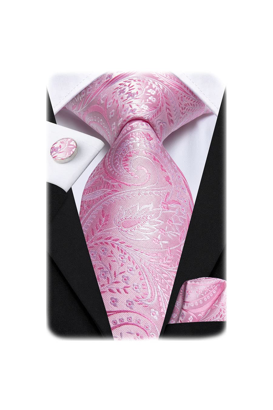 Hi-Tie Menís Silk Paisley Tie Pocket Square Cufflinks Set Pink
