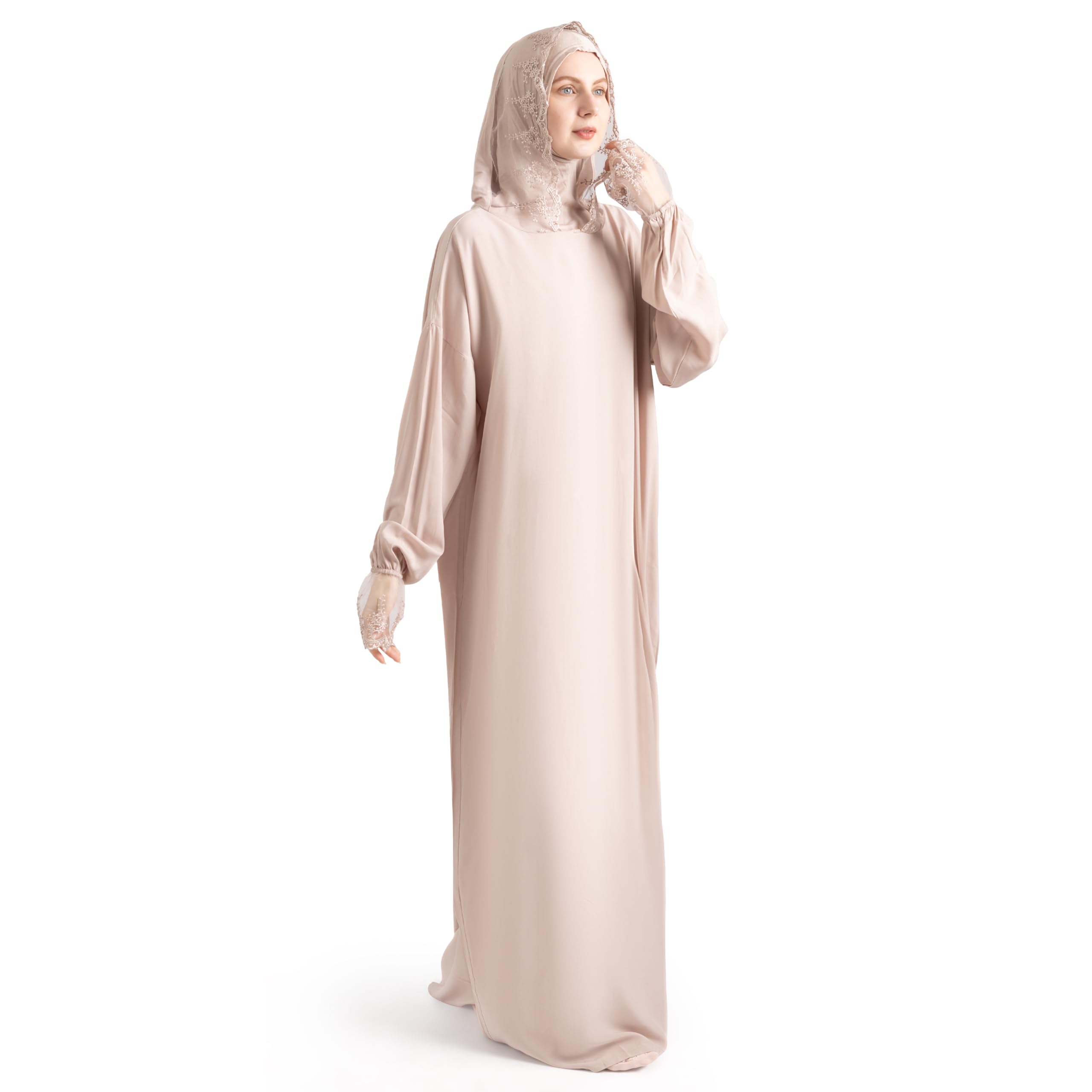 NoorAlif Dubai Style Prayer Abaya French Macaroon Large XL