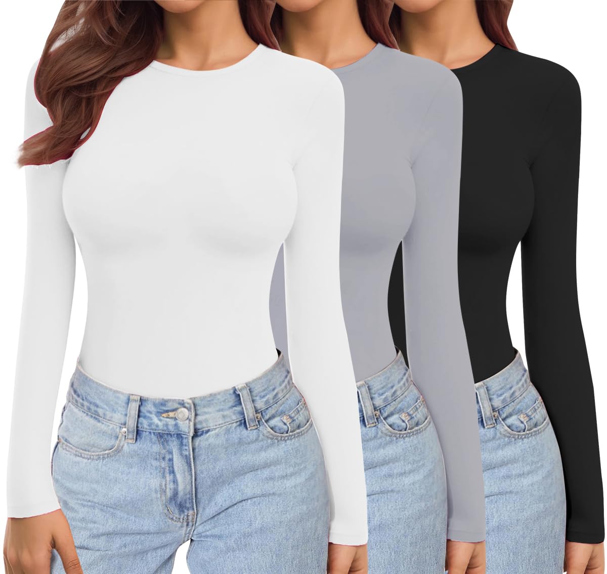 Ekouaer Womens Long Sleeve Shirts Fitted 3-Pack Black Grey White L