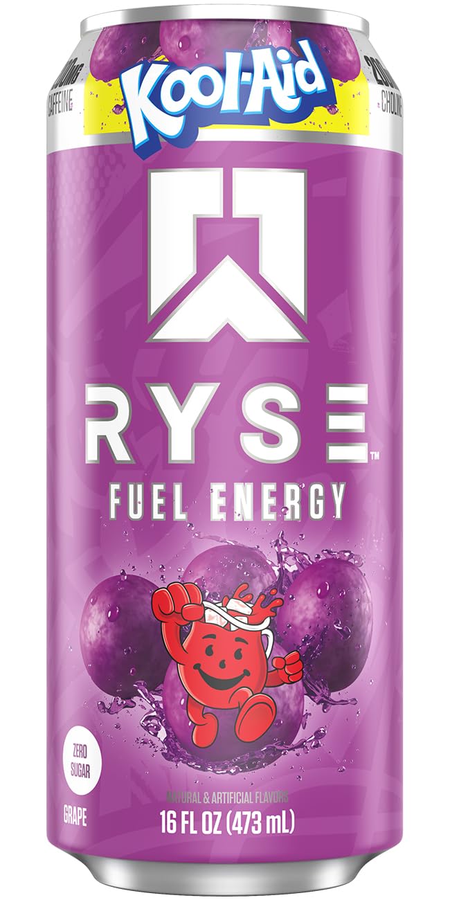 RYSE Fuel Energy Drink - Kool-Aid Grape - Sugar Free, Gluten Free & Vegan - 200mg Natural Caffeine, Taurine & Choline for Focus & Energy - No Artificial Colors - 16 fl oz Can, 16 oz
