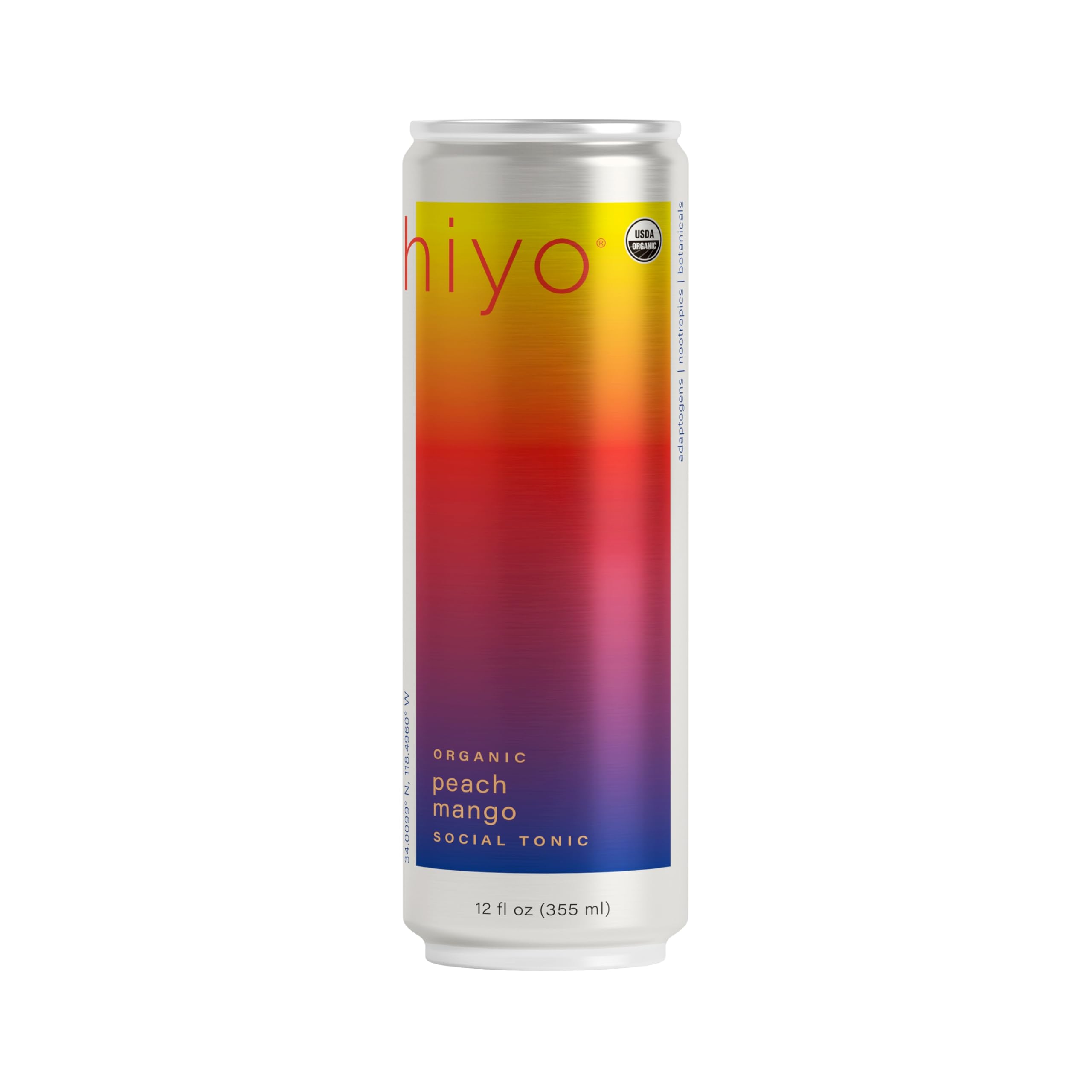 Hiyo Organic Social Tonic - Peach Mango, 12 FZ - N.A. Functional Seltzer, Sparkling Water Crafted with Organic Adaptogens, Nootropics & Botanicals, 12oz