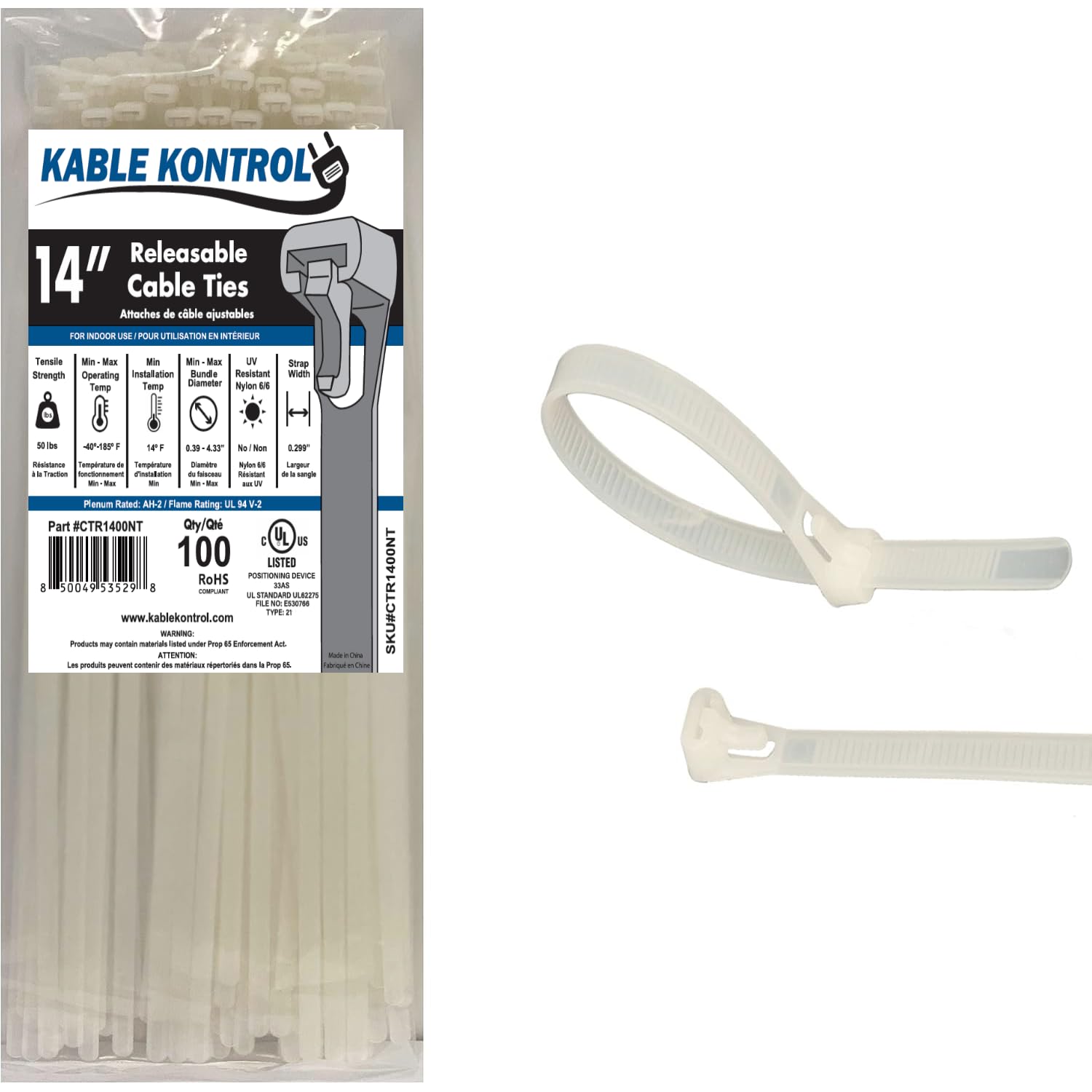 Kable Kontrol Reusable Cable Zip Ties 14-Inch White 100-Pack