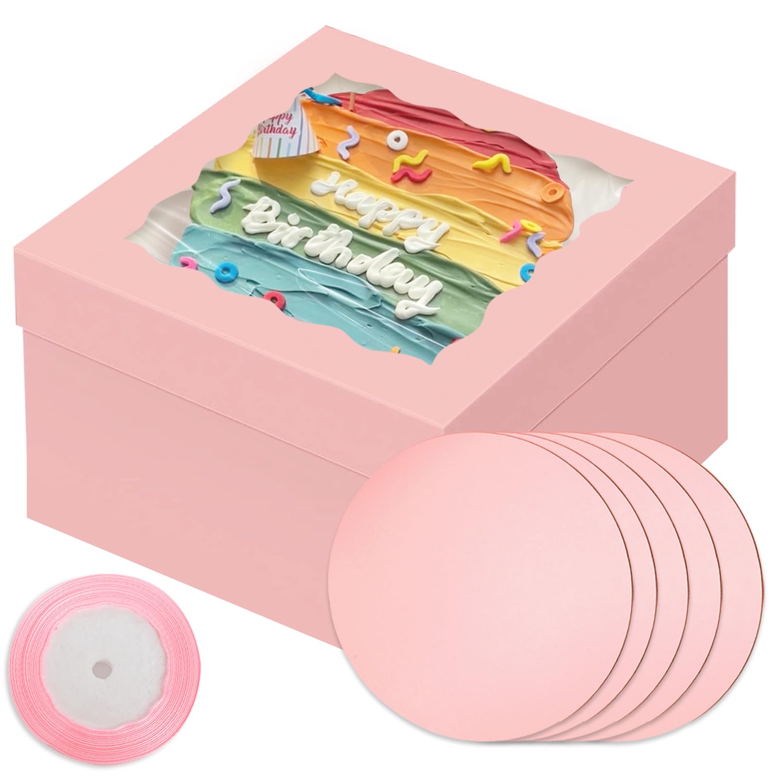 Bakepacker Pink Cake Boxes Window Boards Ribbon 18 Sets