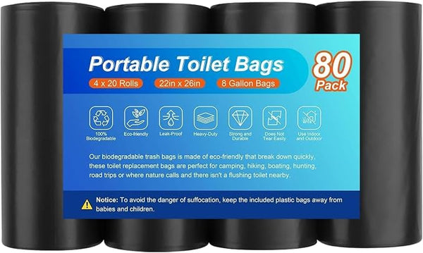 Portable Toilet Bags 4x20 rolls 22inx26in 8 Gallon Bags 80 Pack