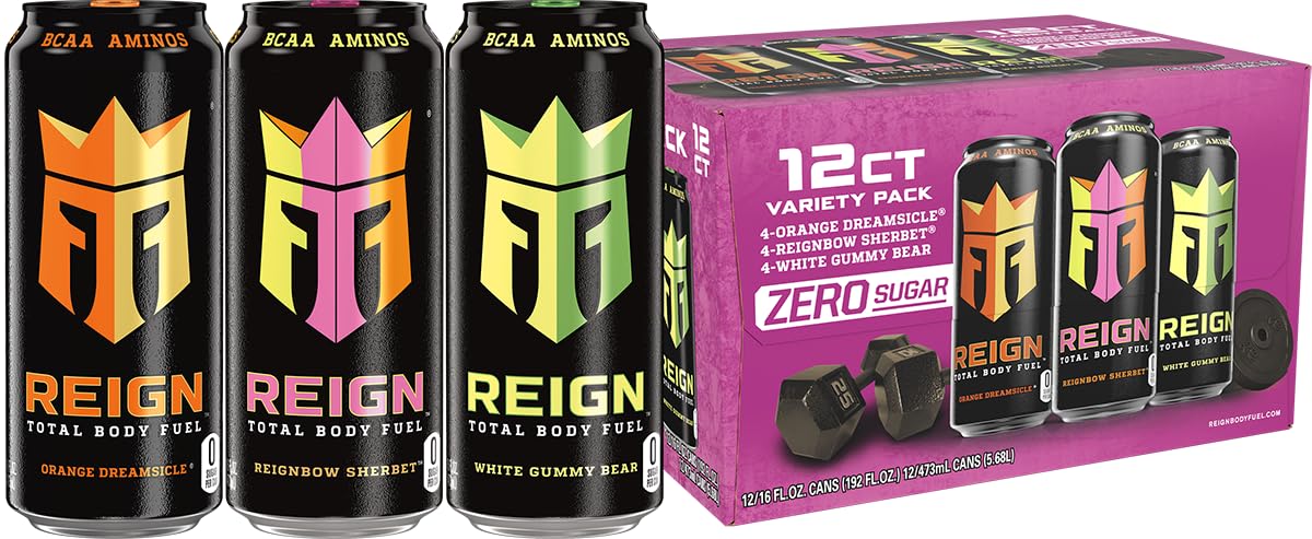 REIGN Total Body Fuel Variety Pack, Orange Dreamsicle, Reignbow Sherbet, White Gummy Bear, Fitness & Performance Drink, 16 Fl Oz (Pack of 12)