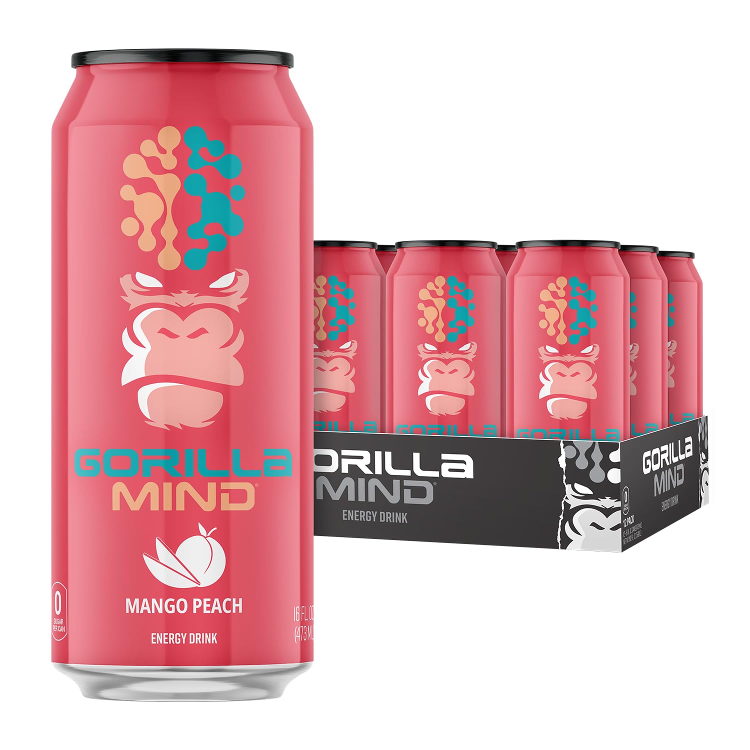 Gorilla Mind Energy Drink | Unmatched Energy · Amplified Focus | N-Acetyl-L-Tyrosine, Alpha-GPC, 200mg Caffeine, Uridine, Saffron | 0 Sugar Or Artificial Colors | 16oz, (Mango Peach)