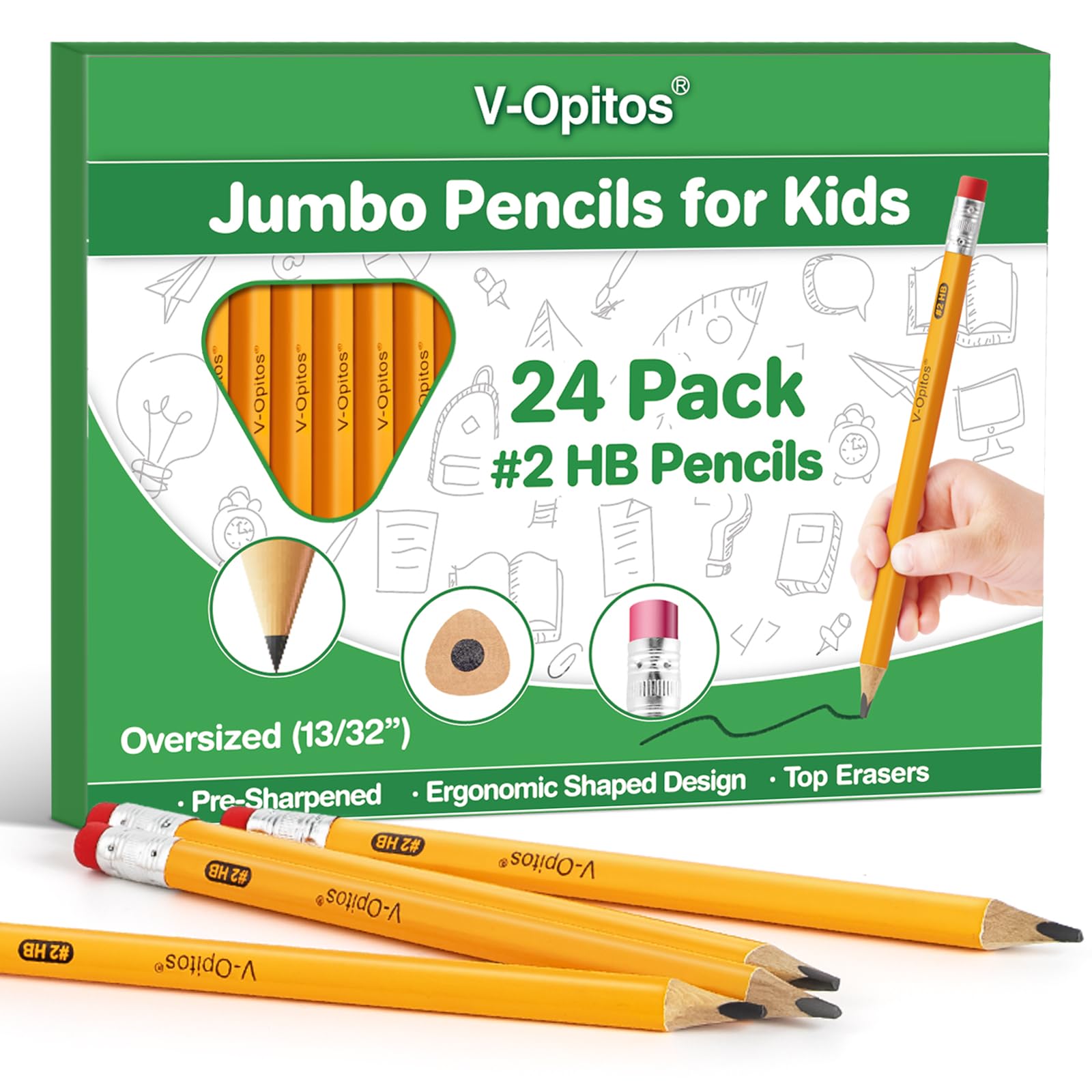 V-Opitos Jumbo Triangle Pencils with Erasers 24-Pack