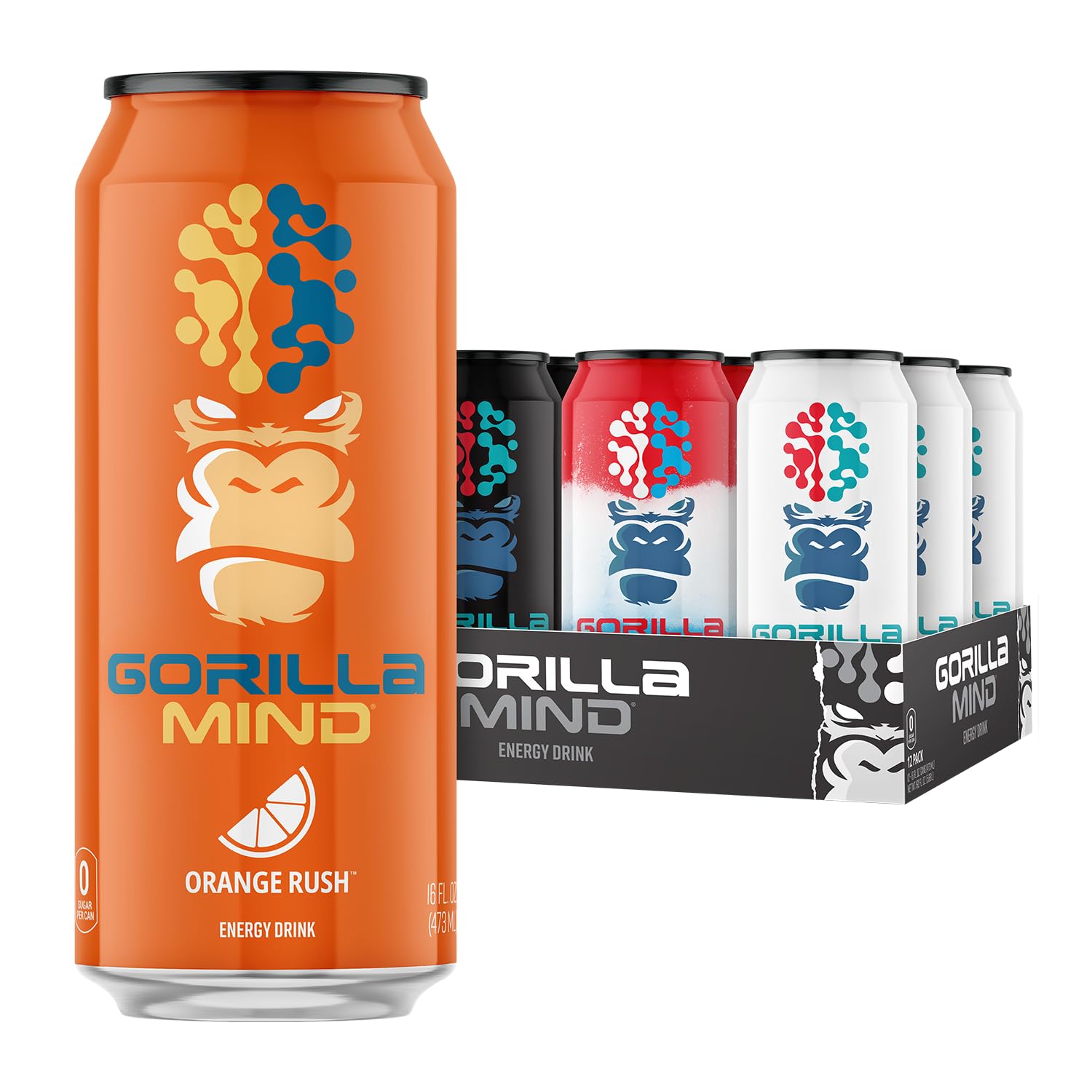 Gorilla Mind Energy Drink | Unmatched Energy Ã‚Â· Amplified Focus | N-Acetyl-L-Tyrosine, Alpha-GPC, 200mg Caffeine, Uridine, Saffron | 0 Sugar Or Artificial Colors | 16oz | 12-Pack (Variety Pack #2)