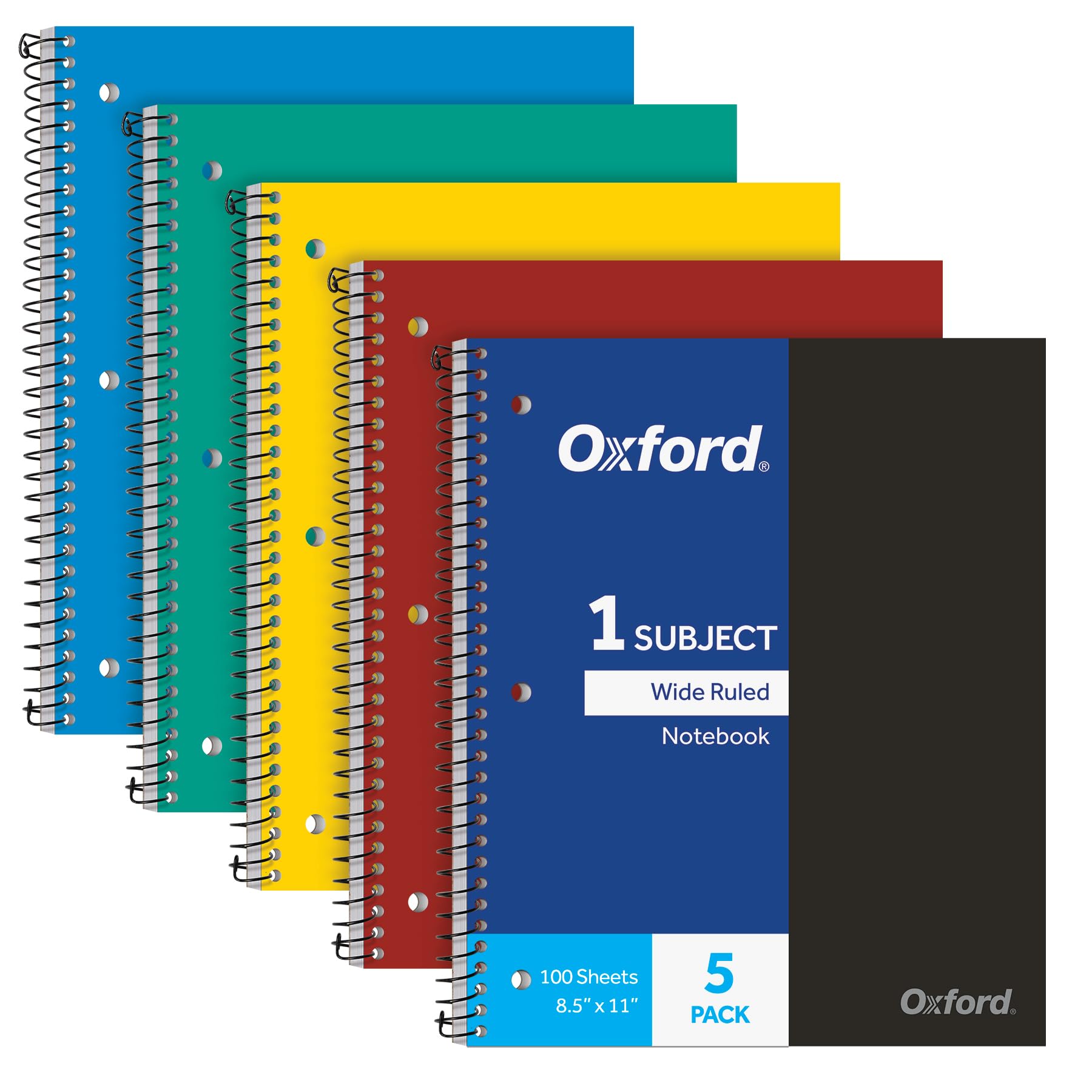 Oxford 1-Subject Wide Ruled Spiral Notebooks 5-Pack Primary