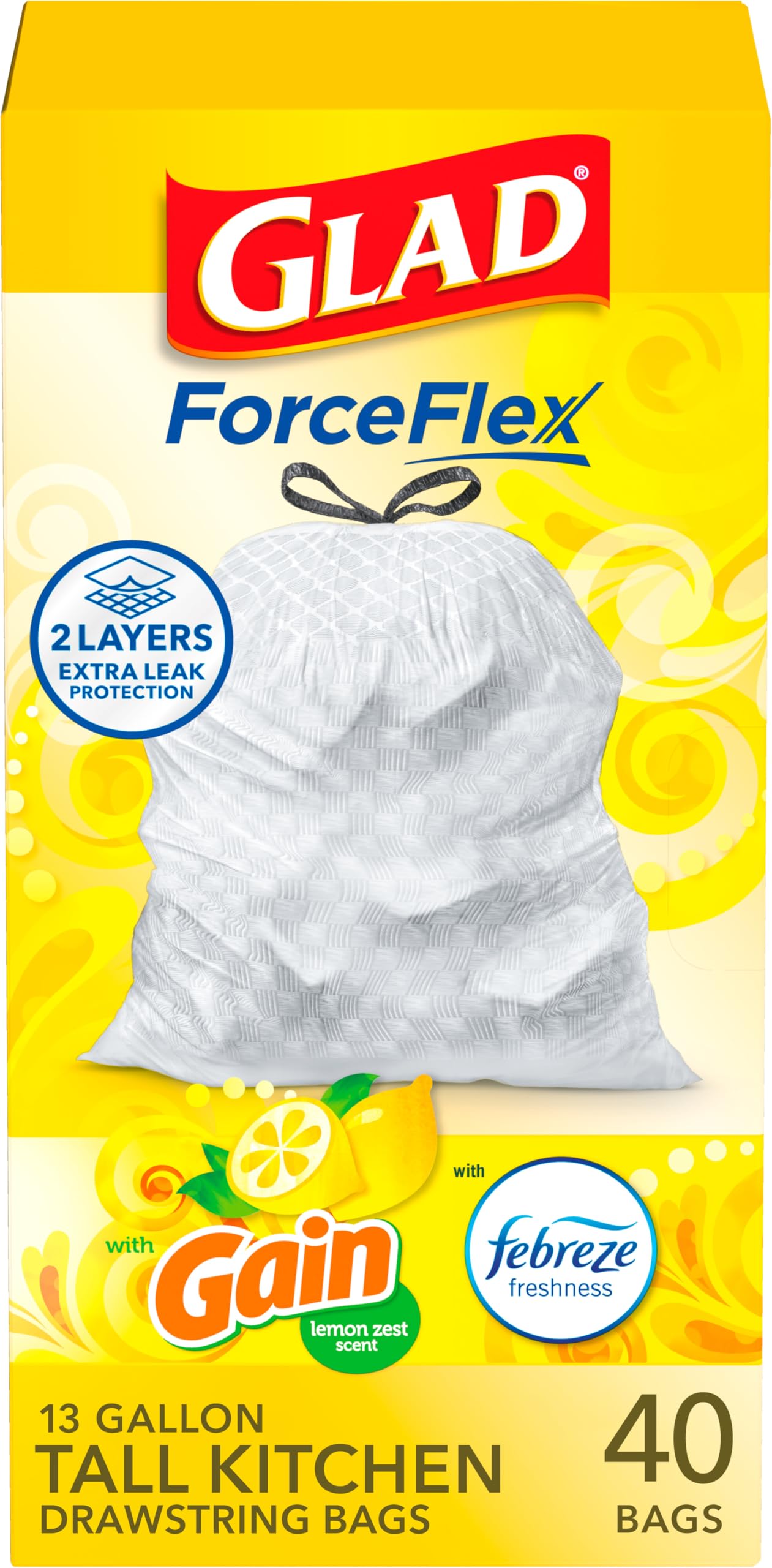 Glad ForceFlex Lemon Zest Kitchen Bags 13 Gallon 40 Count