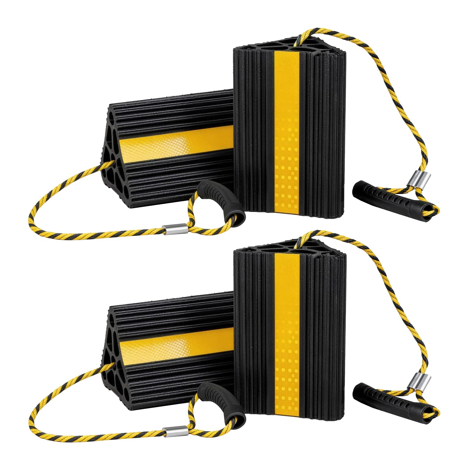 Vacallity Update Wheel Chocks for Trailer 4pc Heavy Duty Rubber Wheel Chocks with seprate Handle Rope&Yellow Reflective Tape Tire Chock Blocks for Cars Trucks Aircraft RV Camper Trailer Accessories