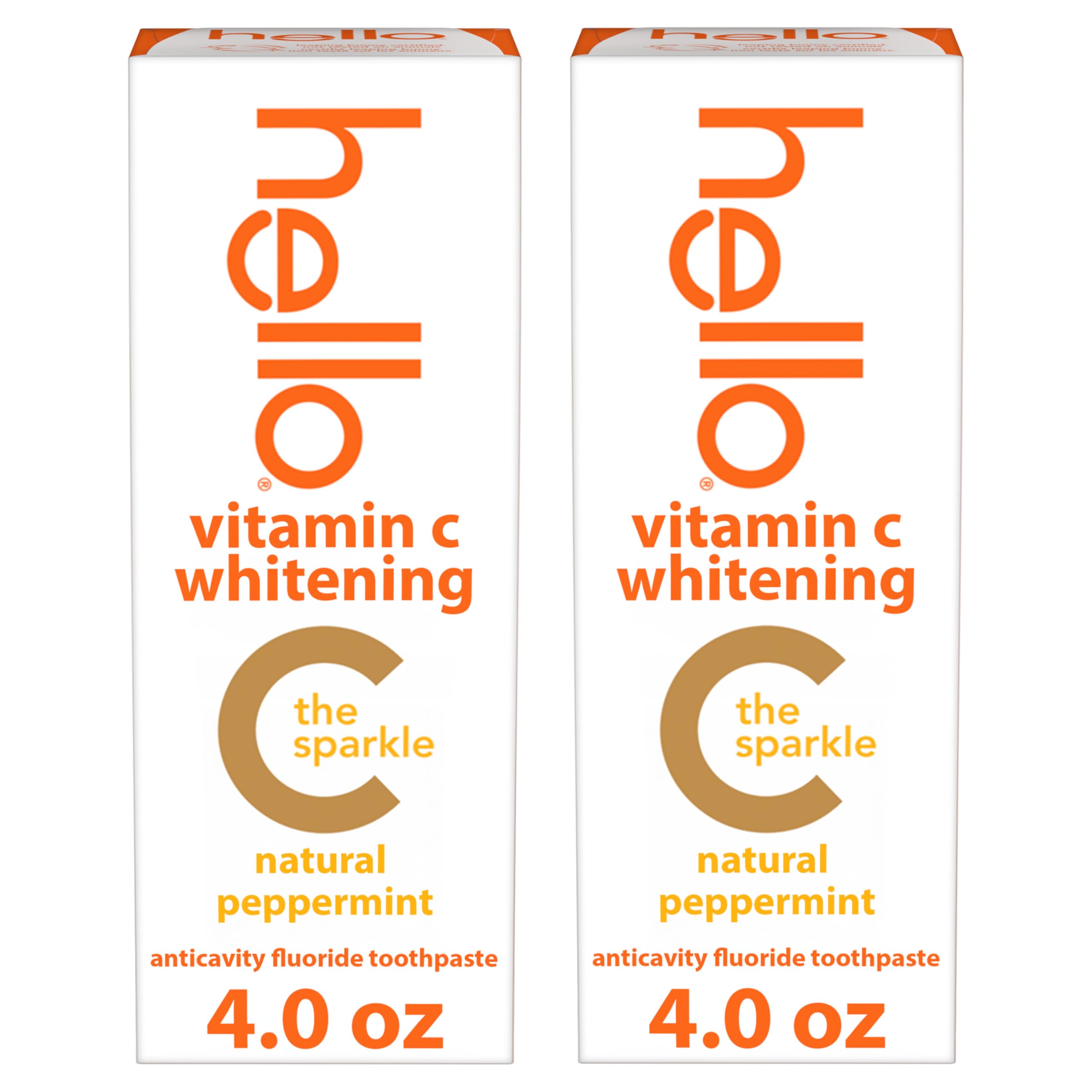 Hello Vitamin C Whitening Toothpaste with Fluoride, Whitening SLS Free Toothpaste Pack, Up to 2 Shades Whiter Teeth, No Peroxide, Safe for Everyday Use, Natural Peppermint, 2 Pack, 4.0 Oz Tubes