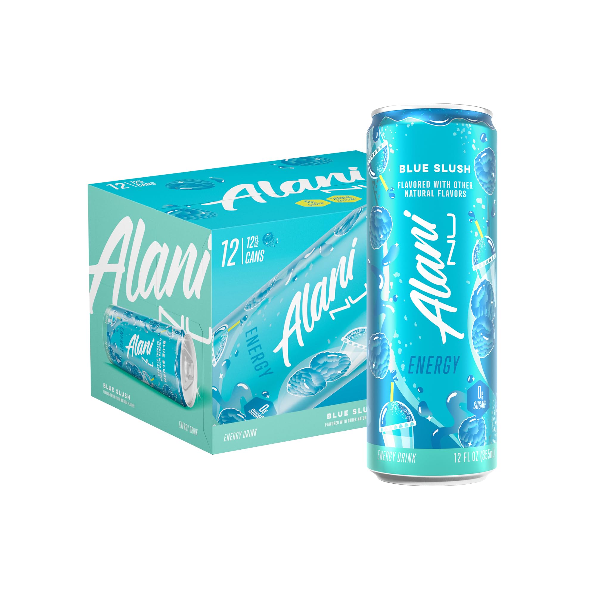 Alani Nu BLUE SLUSH, Sugar Free, Low Calorie Energy Drinks, 200mg Caffeine, Biotin, B Vitamins, Zero Sugar, 10 Calories, 12 Fl Oz Cans, 12 Pack