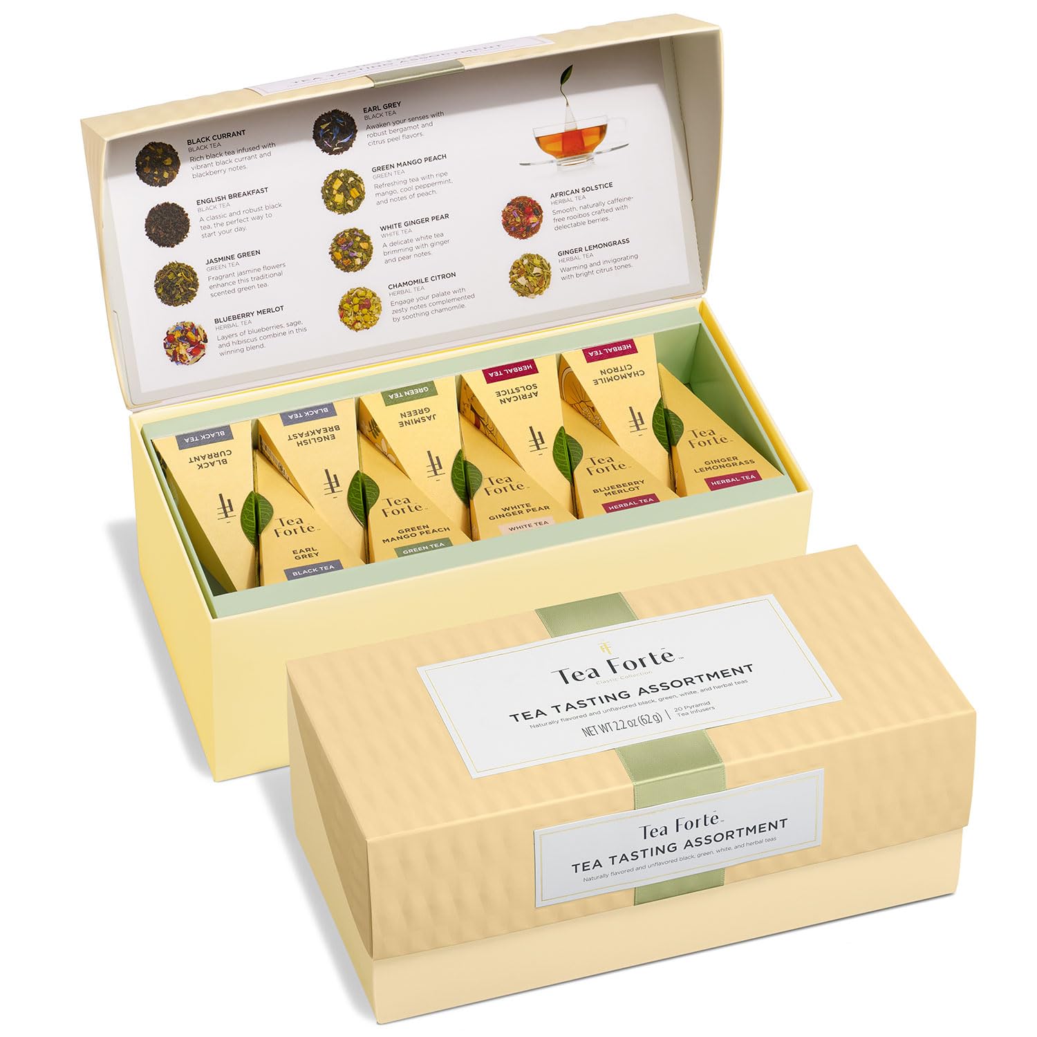 Tea Forte Premium Presentation Box Gift Set Sampler, 20 Count, Assorted Blends Individually Wrapped Handcrafted Pyramid Infuser Bags, Assorted Classic Tea