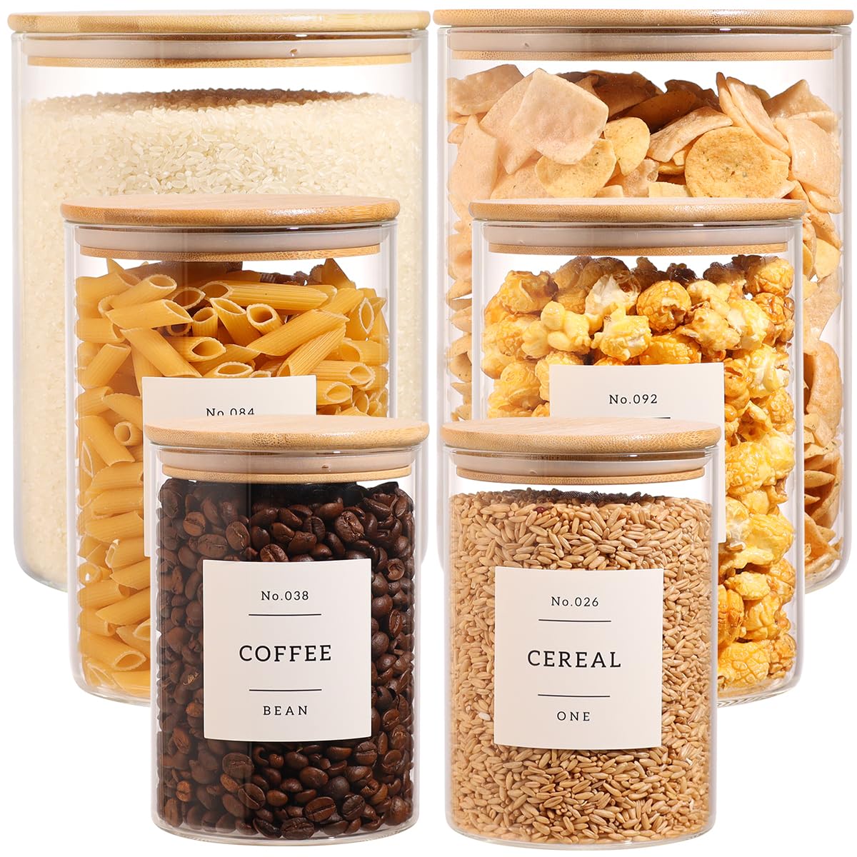 Borosilicate Glass Storage Jars Bamboo Lids 6 Pack