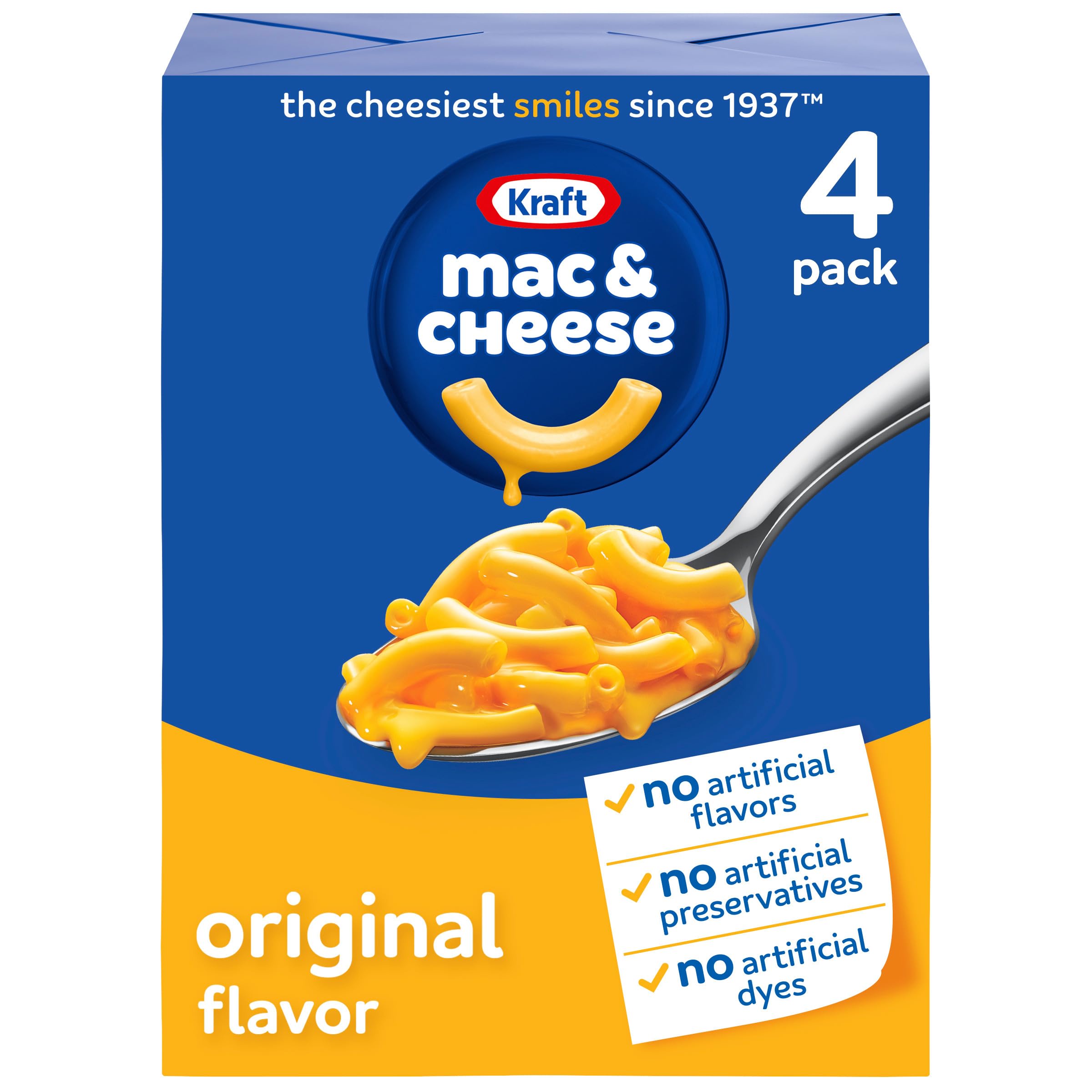 Kraft Mac and Cheese, 4 Boxes, for Easy Dinner or Dinner Sides, Original Flavor, No Artificial Flavors, Preservatives or Dyes, 7.25 oz