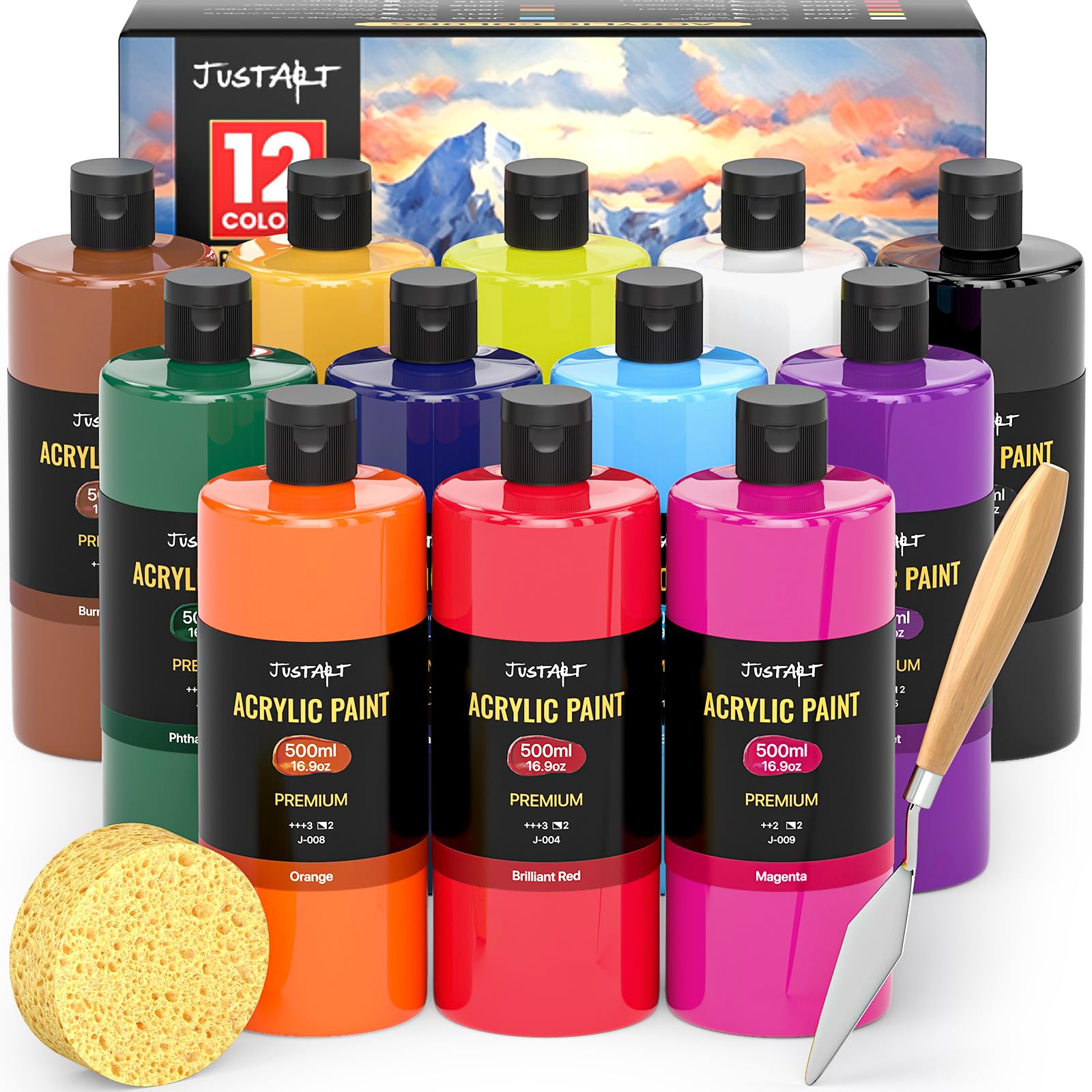 12-Color Large Acrylic Paint Bottles 500ml Each