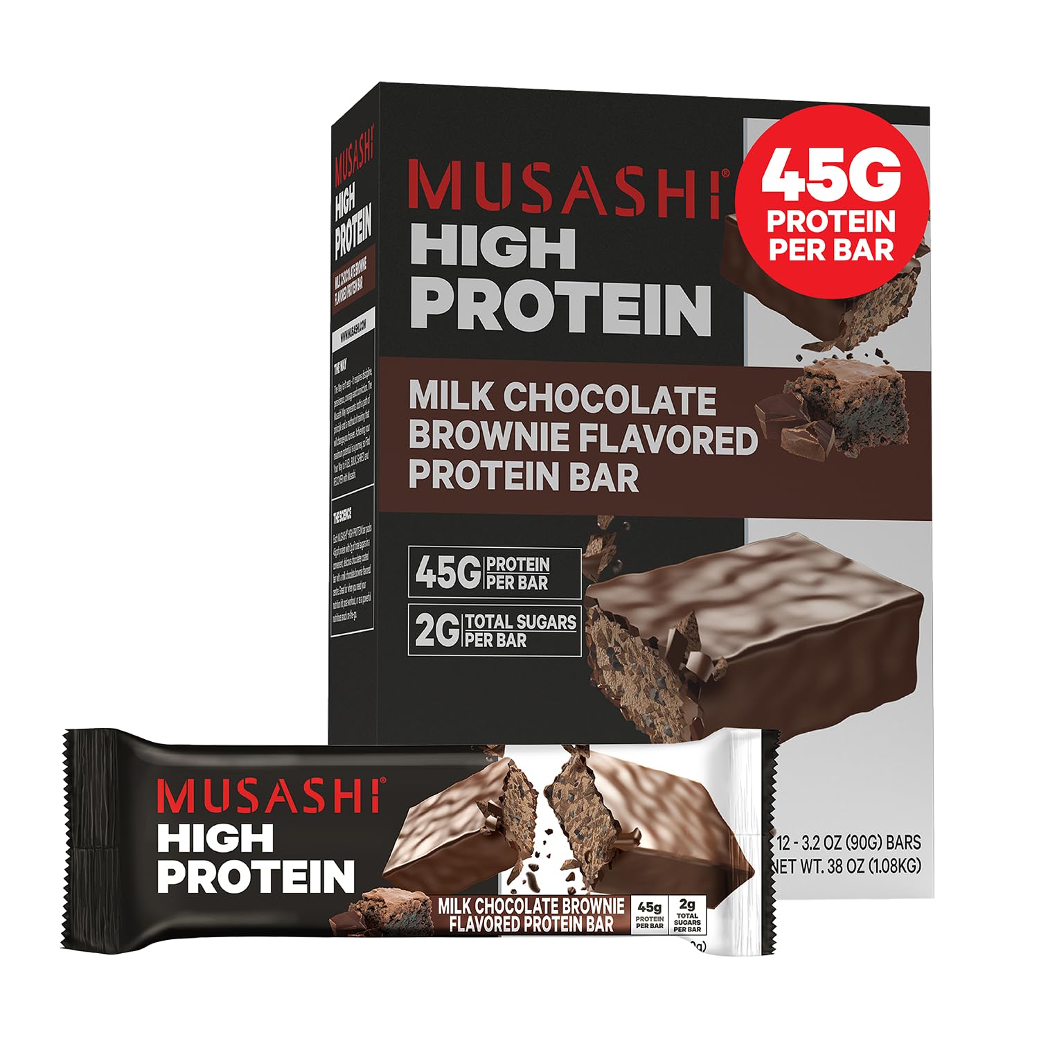 MUSASHI Milk Chocolate Brownie High Protein Bars 12 Pack