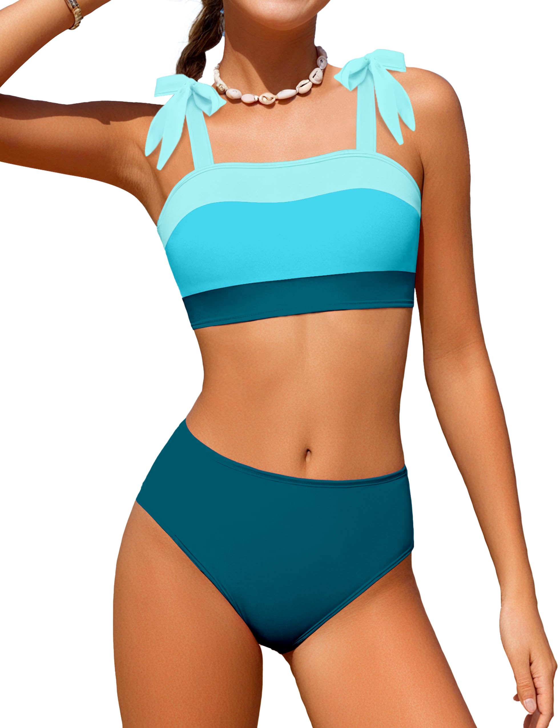KANGKANG Girls Color Block Bikini Set Lake Blue Size 12-14