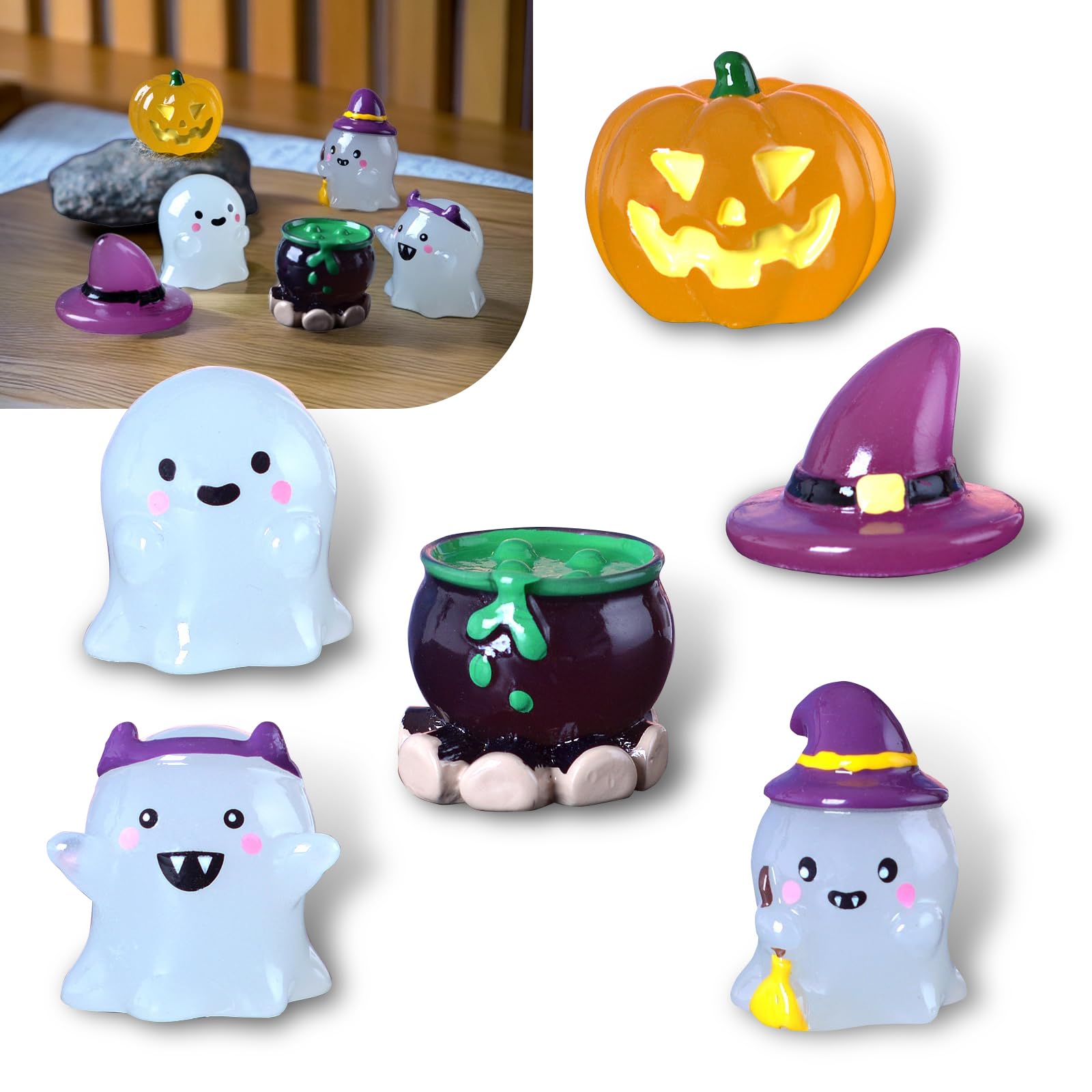 dawfall Mini Luminous Halloween Figurines Car Decor 6-Pack