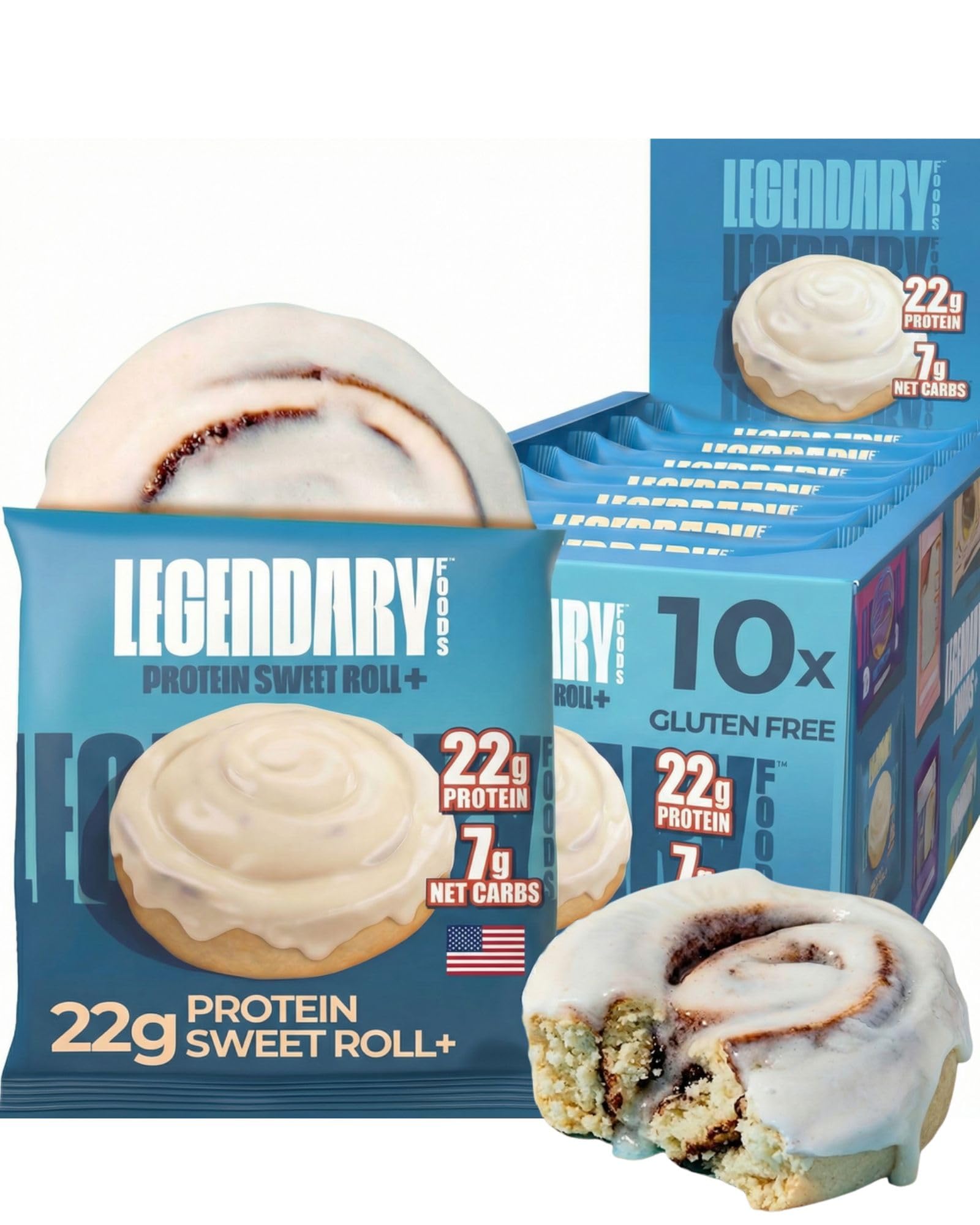 Legendary Foods Cinnamon Roll 22g Protein Bars Ã¢Â€Â“ Gluten-Free, Low Carb Meal Option Ã¢Â€Â“ Sweet Zero Sugar Snack, Keto-Friendly Ã¢Â€Â“ 10-Pack High Protein Pre- or Post-Workout Nutrition Bars