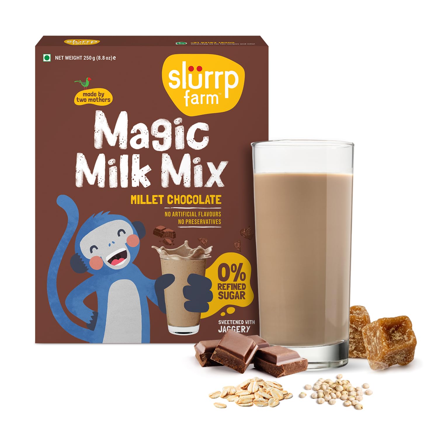 Slurrp Farm Magic Milk Mix Powder | Millet Chocolate Drink for Kids & Adults | No Refined Sugar, High Calcium & Fiber | Tasty, Easy to Digest & Nutritious Beverage | 8.82 Oz (250g)