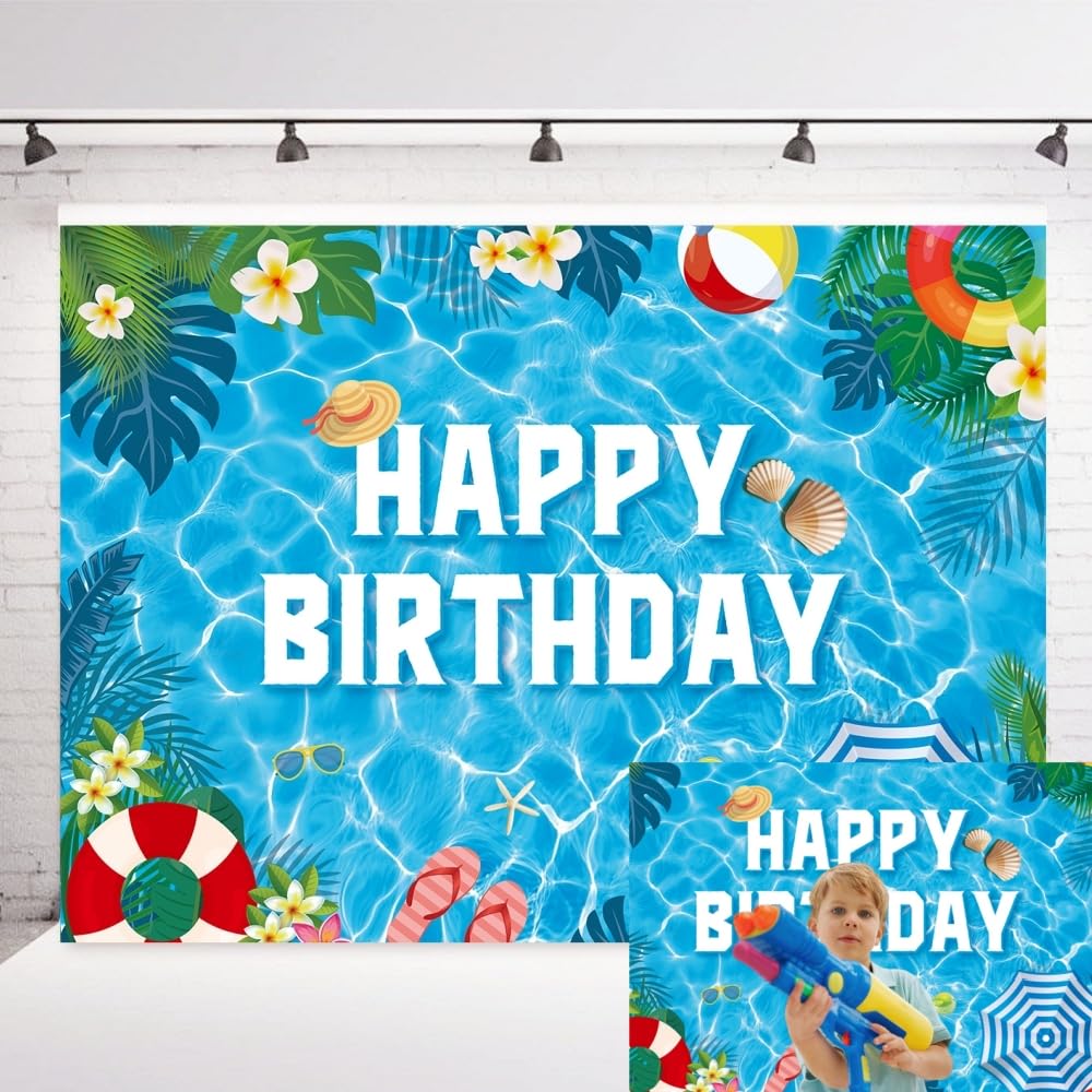 INRUI Pool Happy Birthday Backdrop 7x5ft Tropical