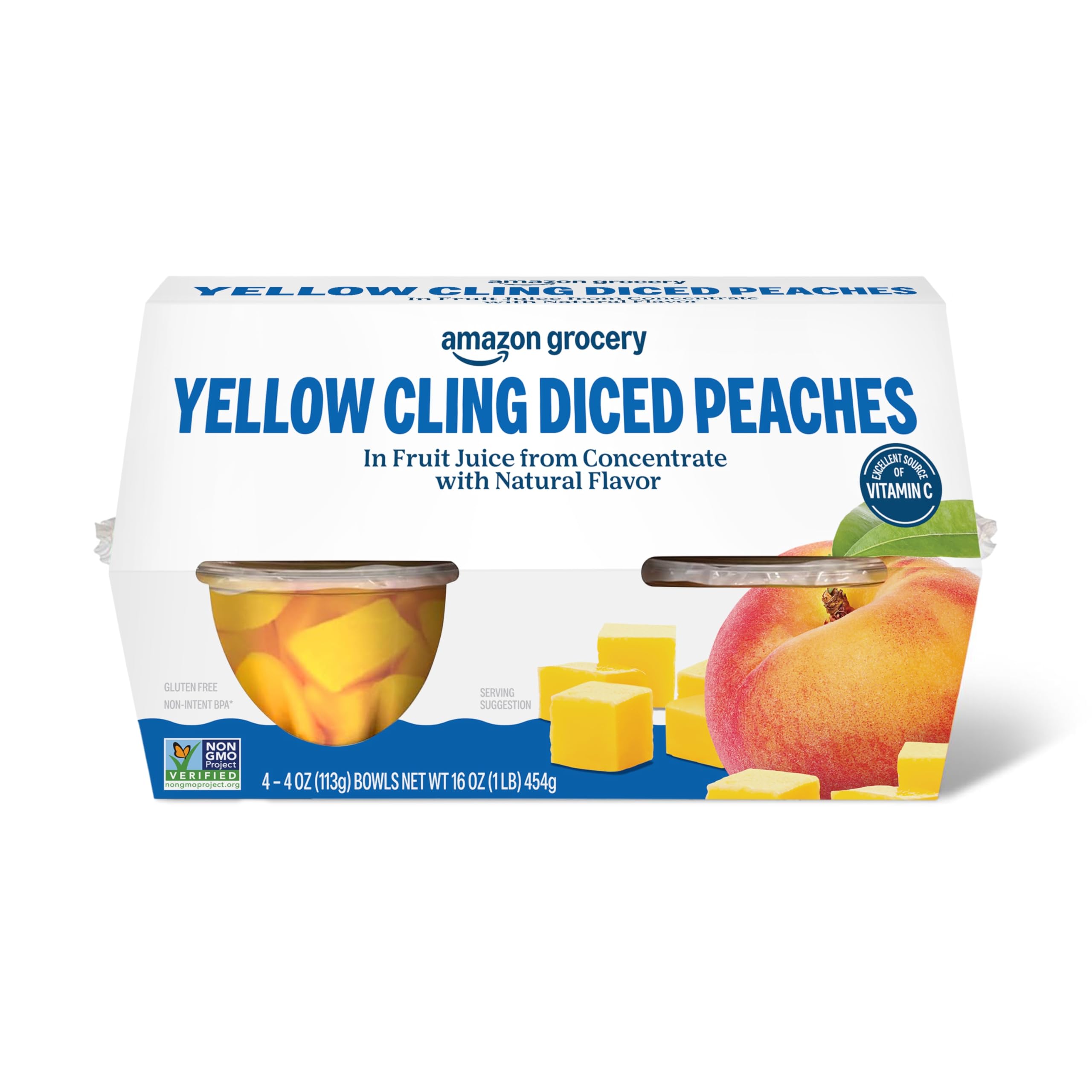 Amazon Fresh, Yellow Cling Diced Peaches in Fruit Juice, 4 Oz Bowls (Pack of 4) (Previously Happy Belly, Packaging May Vary)