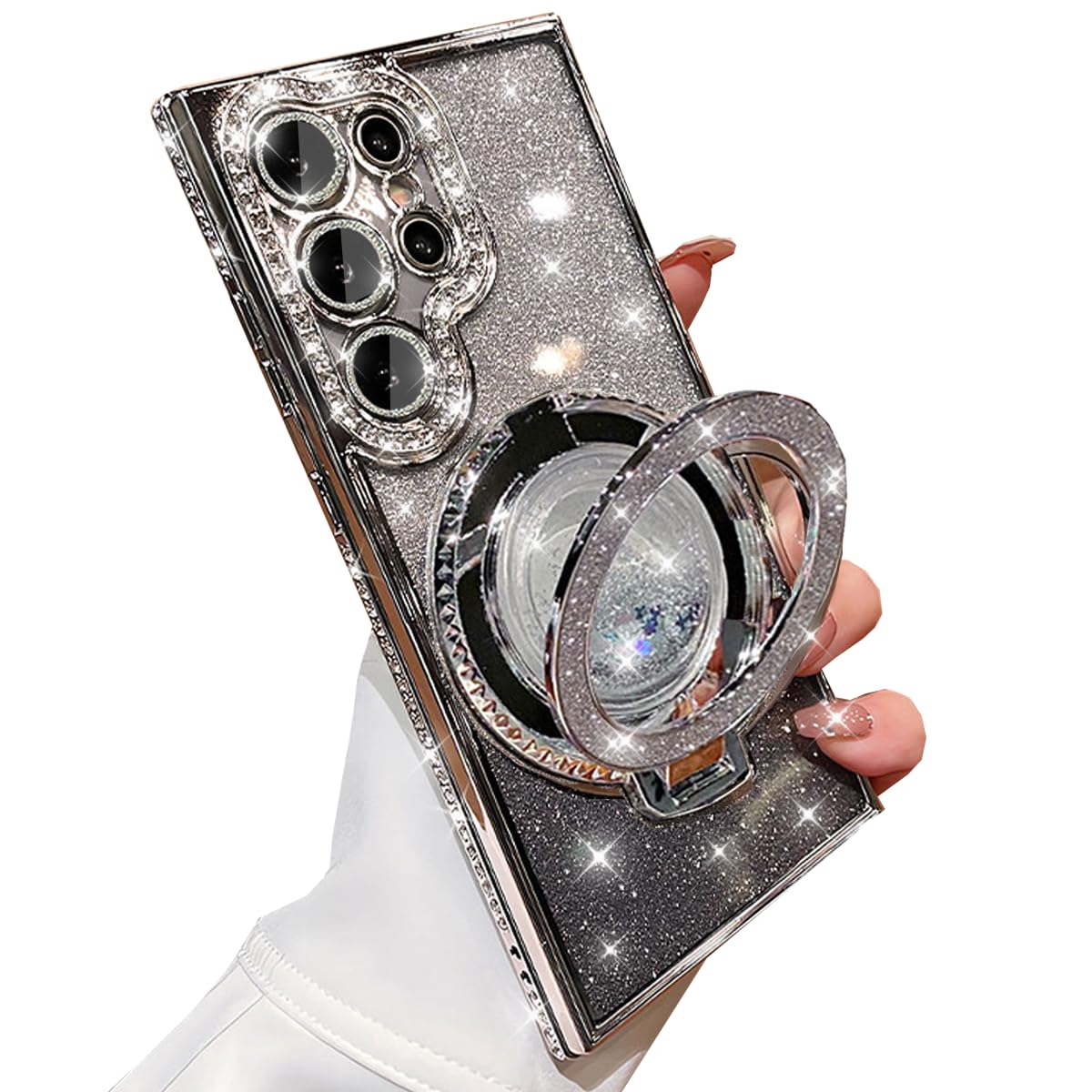 AuroiCCY Samsung Galaxy S25 Ultra Glitter Ring Stand Case Silver