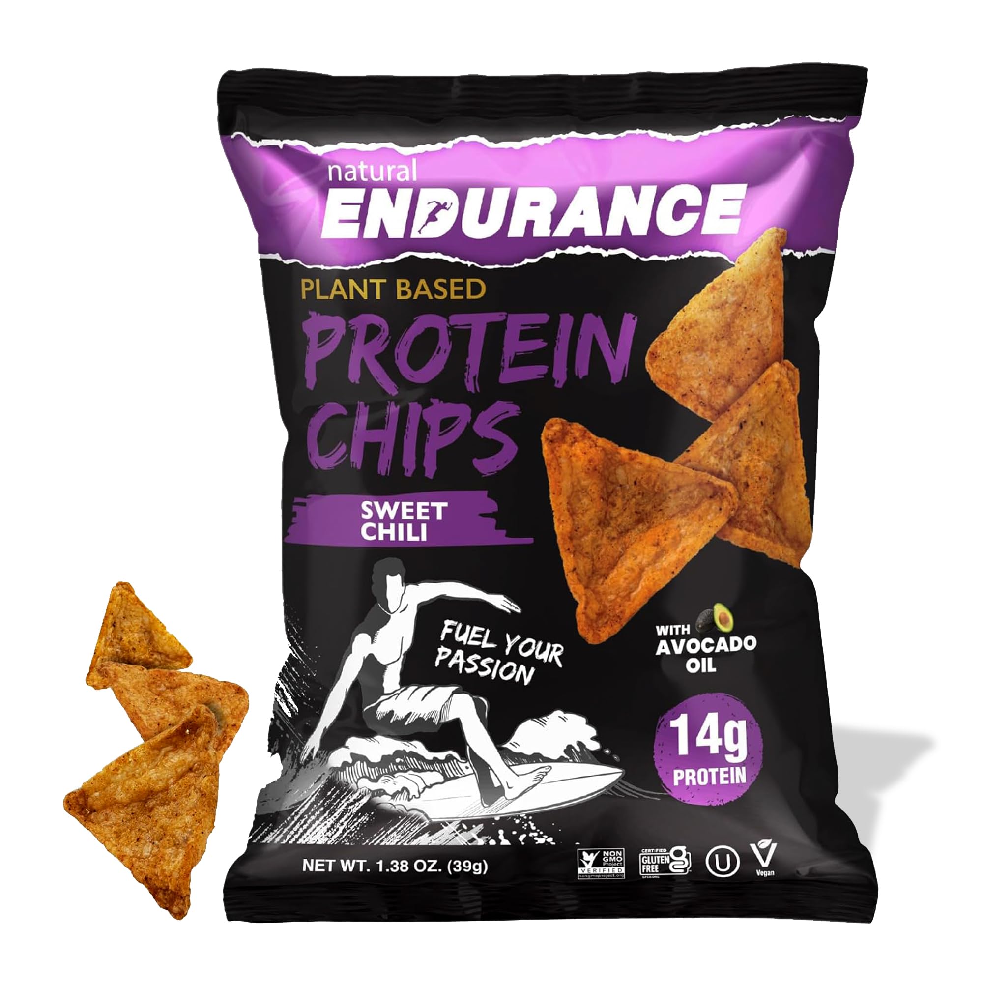 Natural Endurance Protein Chips - Nacho Chips, Low Carb Chips, High Protein Snack, Vegan Protein with Avocado Oil, 14g Protein Per Bag, Gluten Free - Nacho Flavor, 1.38 oz Bags (Pack of 12)