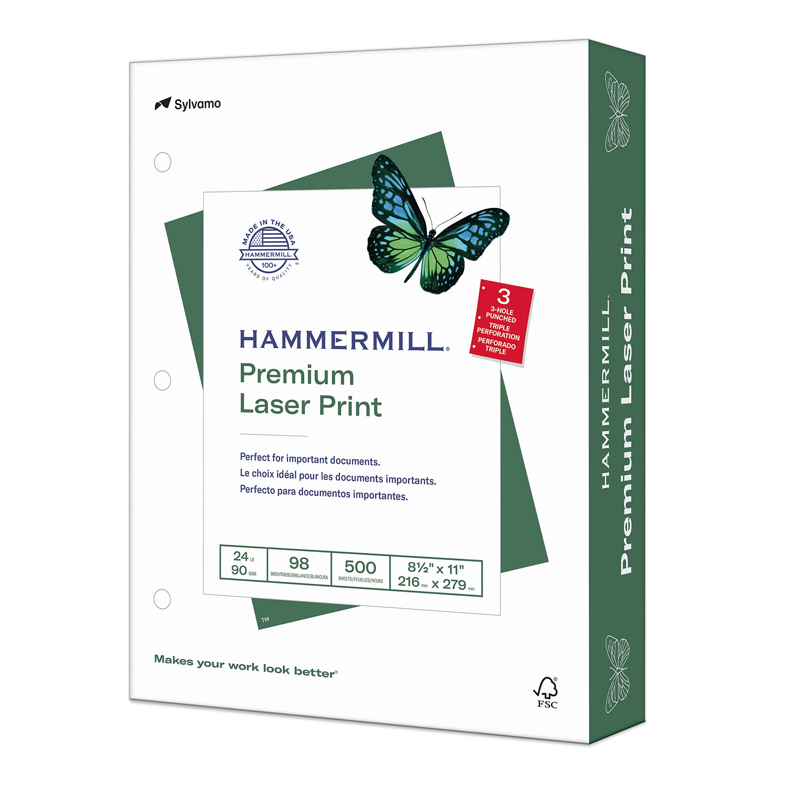 Hammermill Premium Laser Print Paper, 24 lb Copy Paper, 8.5 x 11 Letter Size, 3 Hole - 1 Ream (500 Sheets) - 98 Bright
