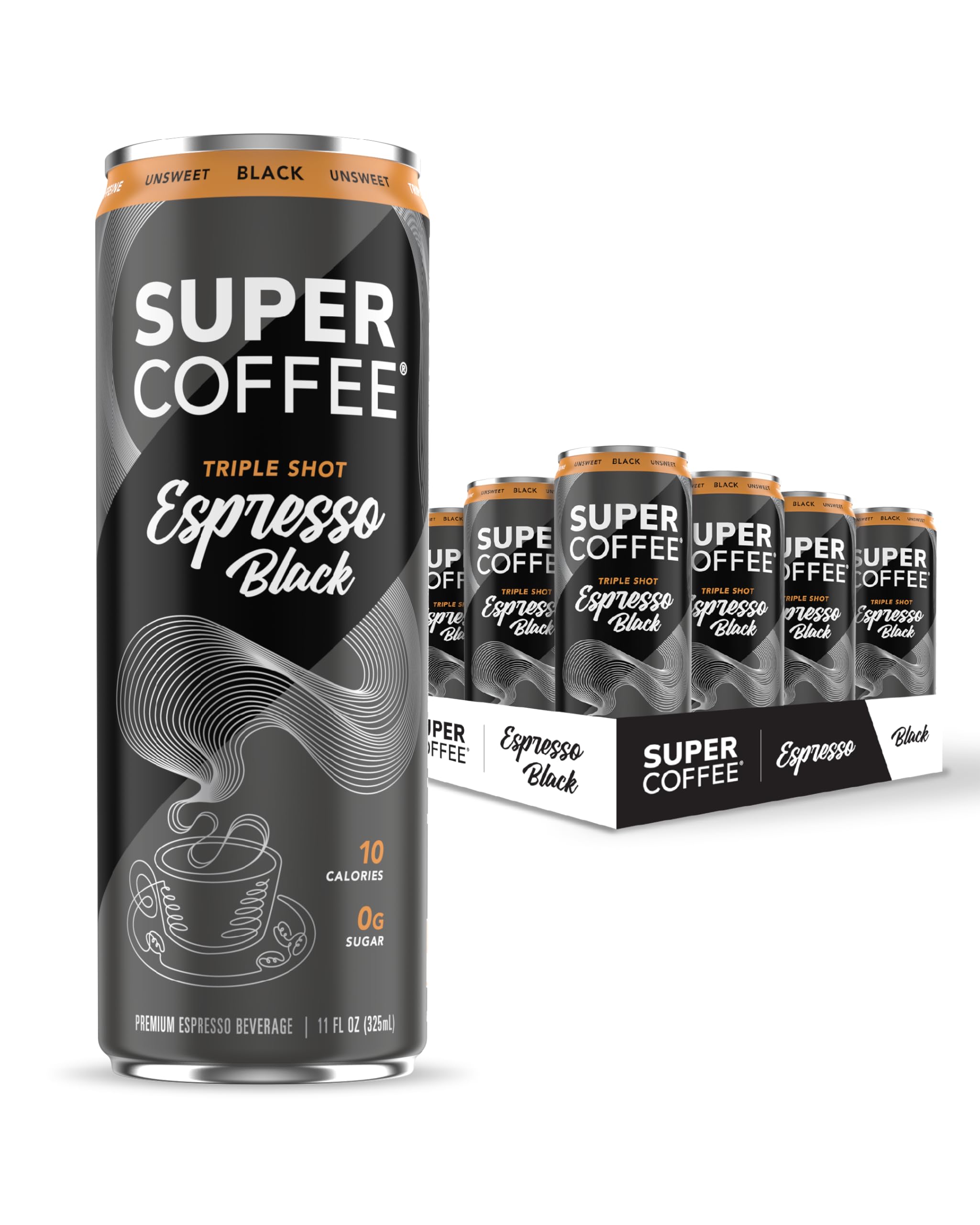 SUPER COFFEE Espresso, Iced Keto Coffee (0g Added Sugar, 10 Calories) [Triple Shot Black] 11 Fl Oz, 12 Pack | Cold Brew, Smart Coffee Drinks - SoyFree GlutenFree