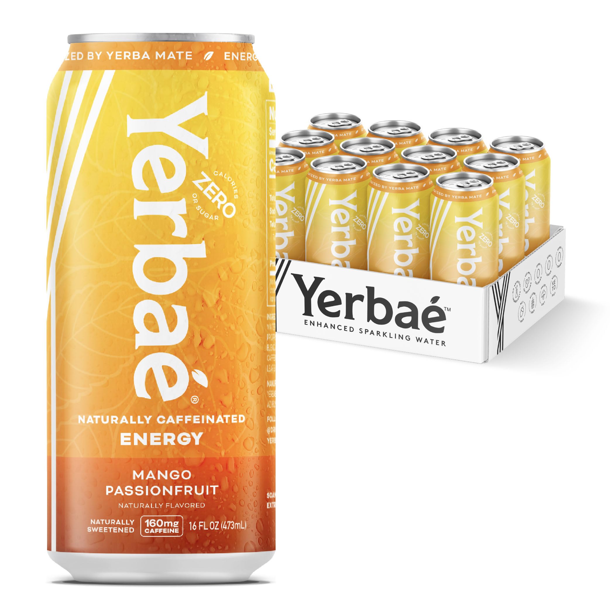 YerbaÃƒÂ© Mango Passion Fruit Functional Energy Drink - 0 Sugar, 0 Calories, 0 Carbs. Yerbae is Energized by Yerba Mate, Plant-Based, Healthy Alternative to Sugary Energy Beverages, 16oz cans (12 Pack)