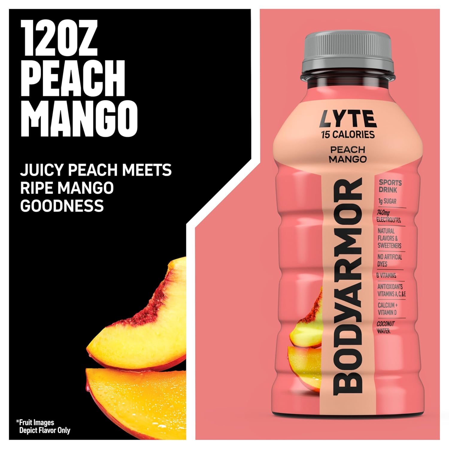 BODYARMOR LYTE, Peach Mango, Electrolyte Drink, 15 Calories, 12 Fl Oz Bottles